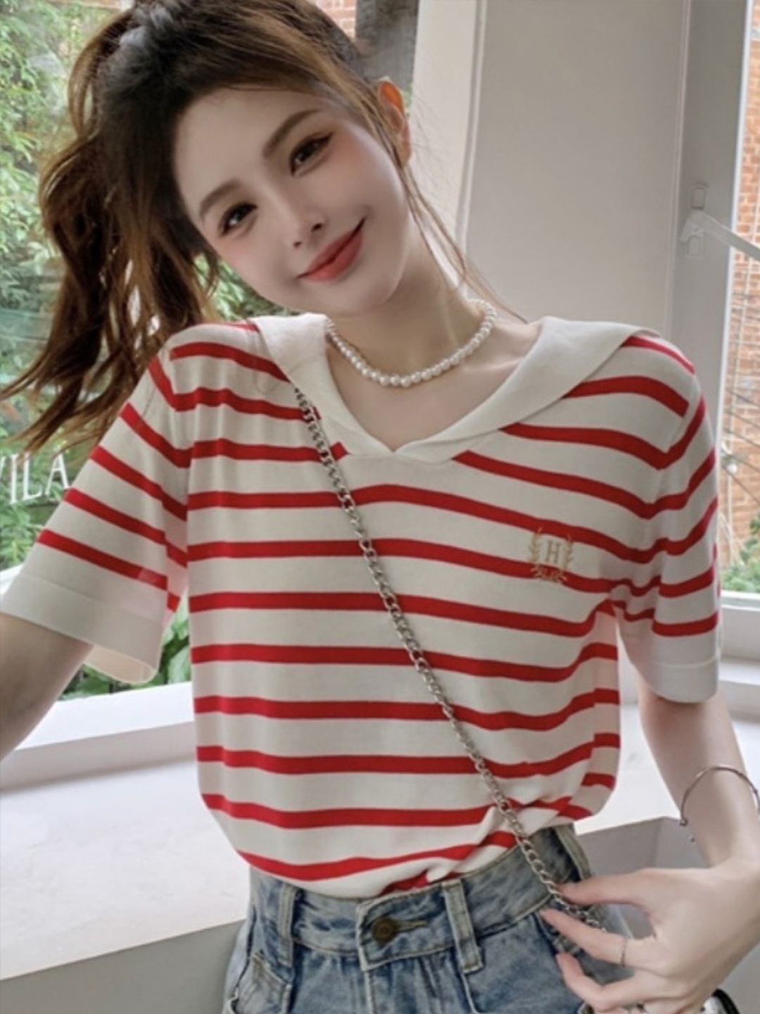 

HERE&NOW Women Striped V-Neck Top, Red
