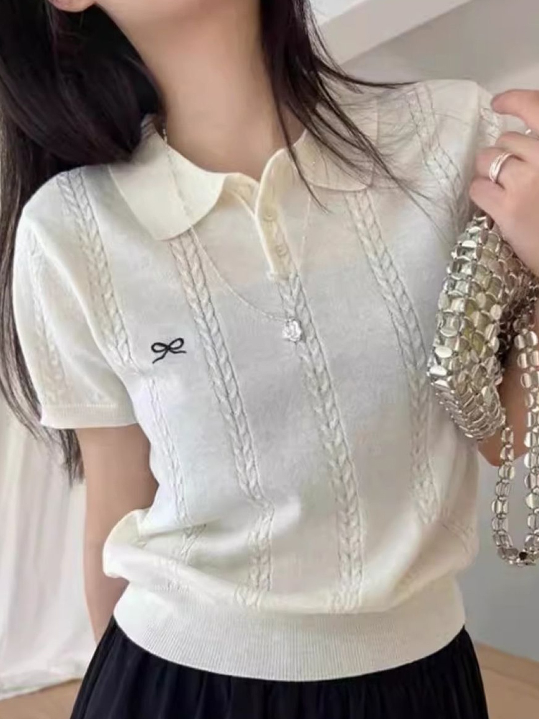 

KPOP Shirt Collar Short Sleeves Top, Cream