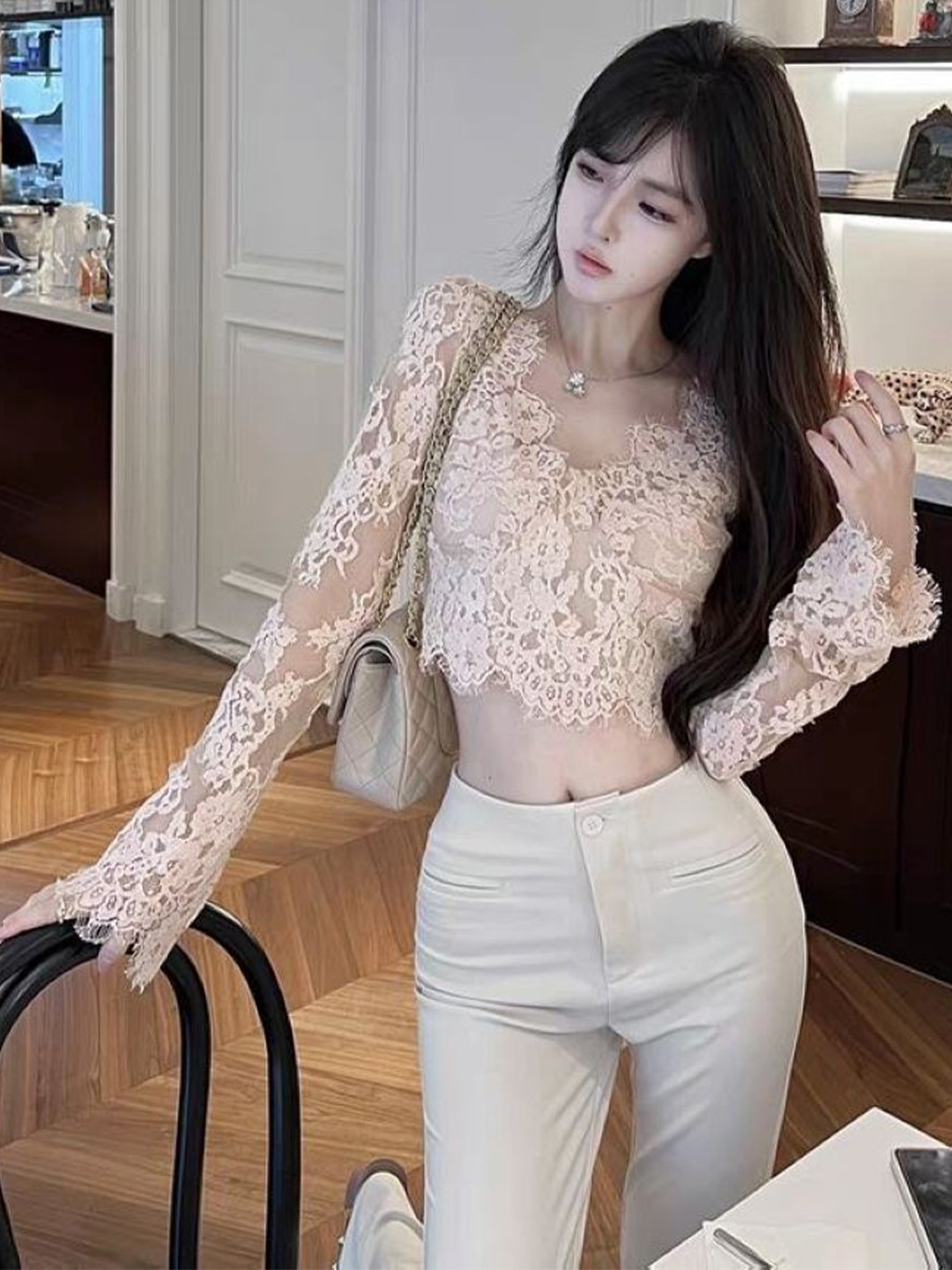 

StyleCast V-Neck Self Design Long Sleeves Crop Top, Cream