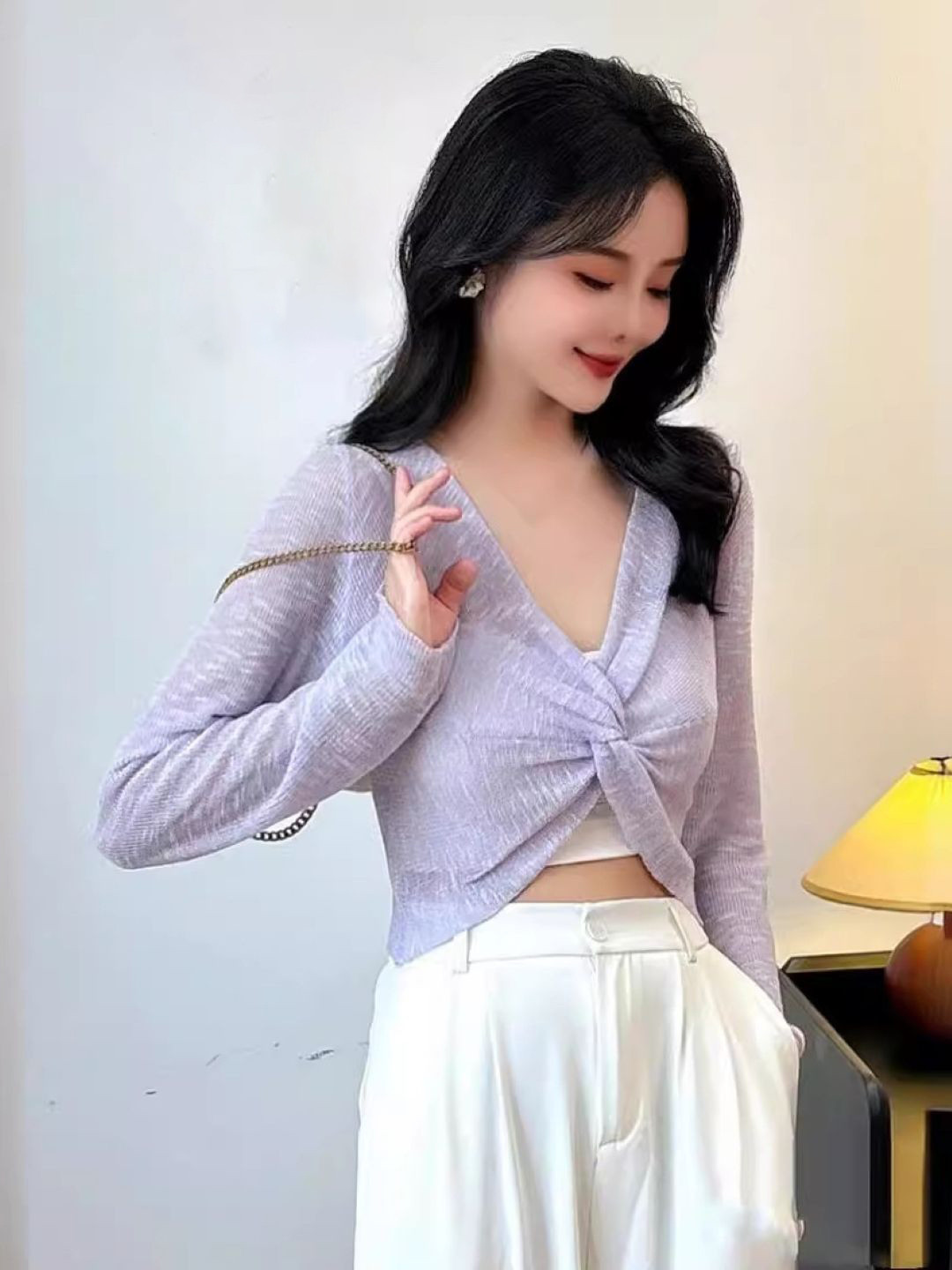 

KPOP V-Neck Long Sleeves Solid Top, Purple