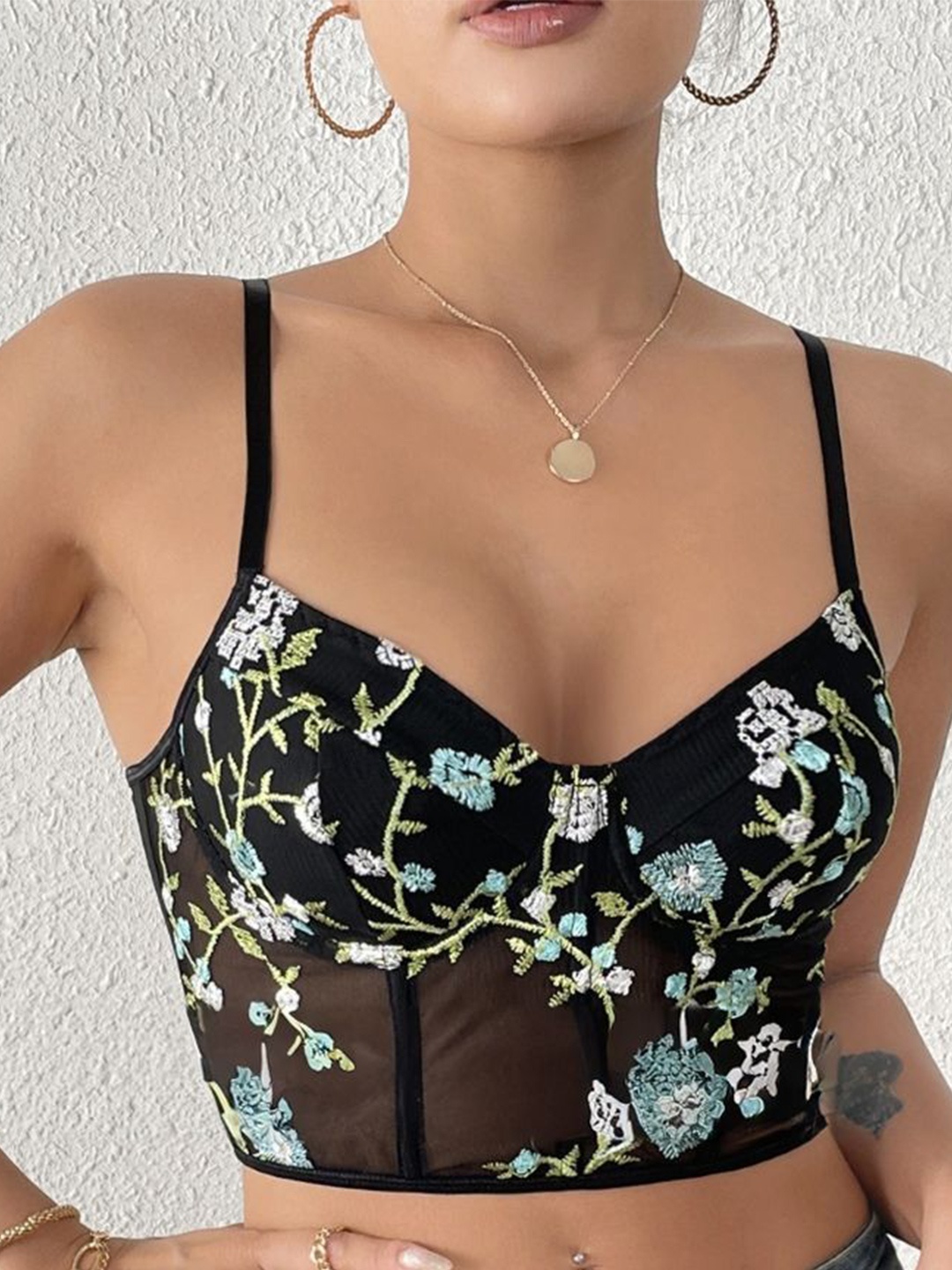 

HERE&NOW Floral Print Bralette Crop Top, Black