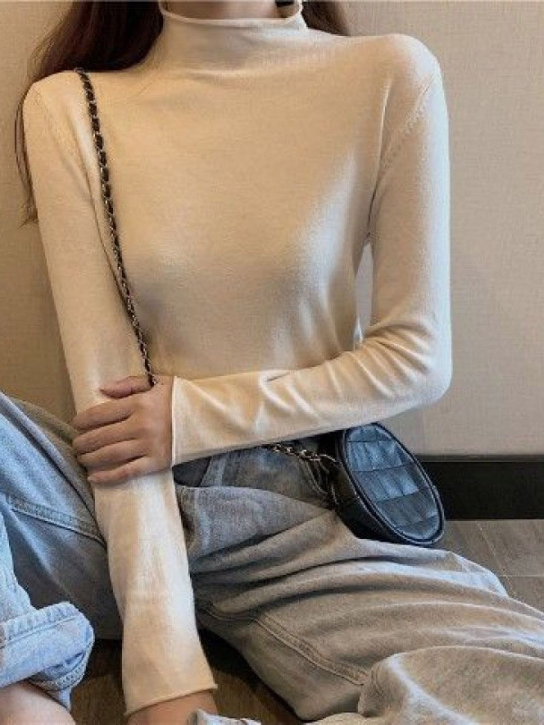 

HERE&NOW Women High Neck Long Sleeves Top, Khaki