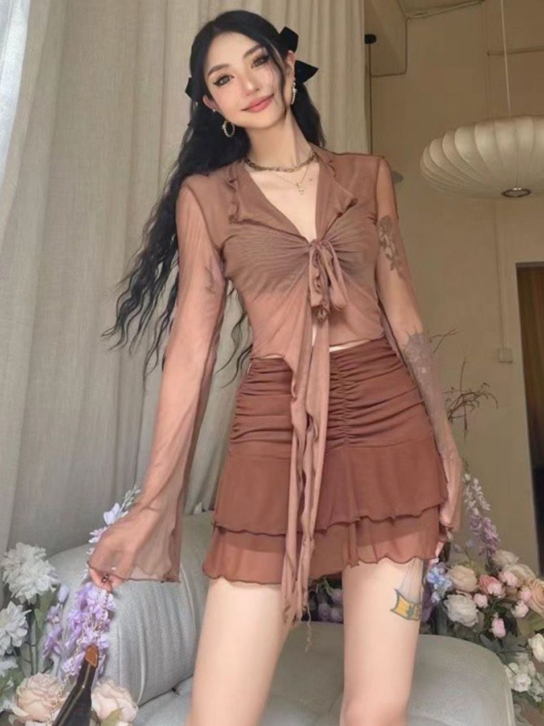 

HERE&NOW Women V-Neck Extended Sleeves Crop Top, Brown