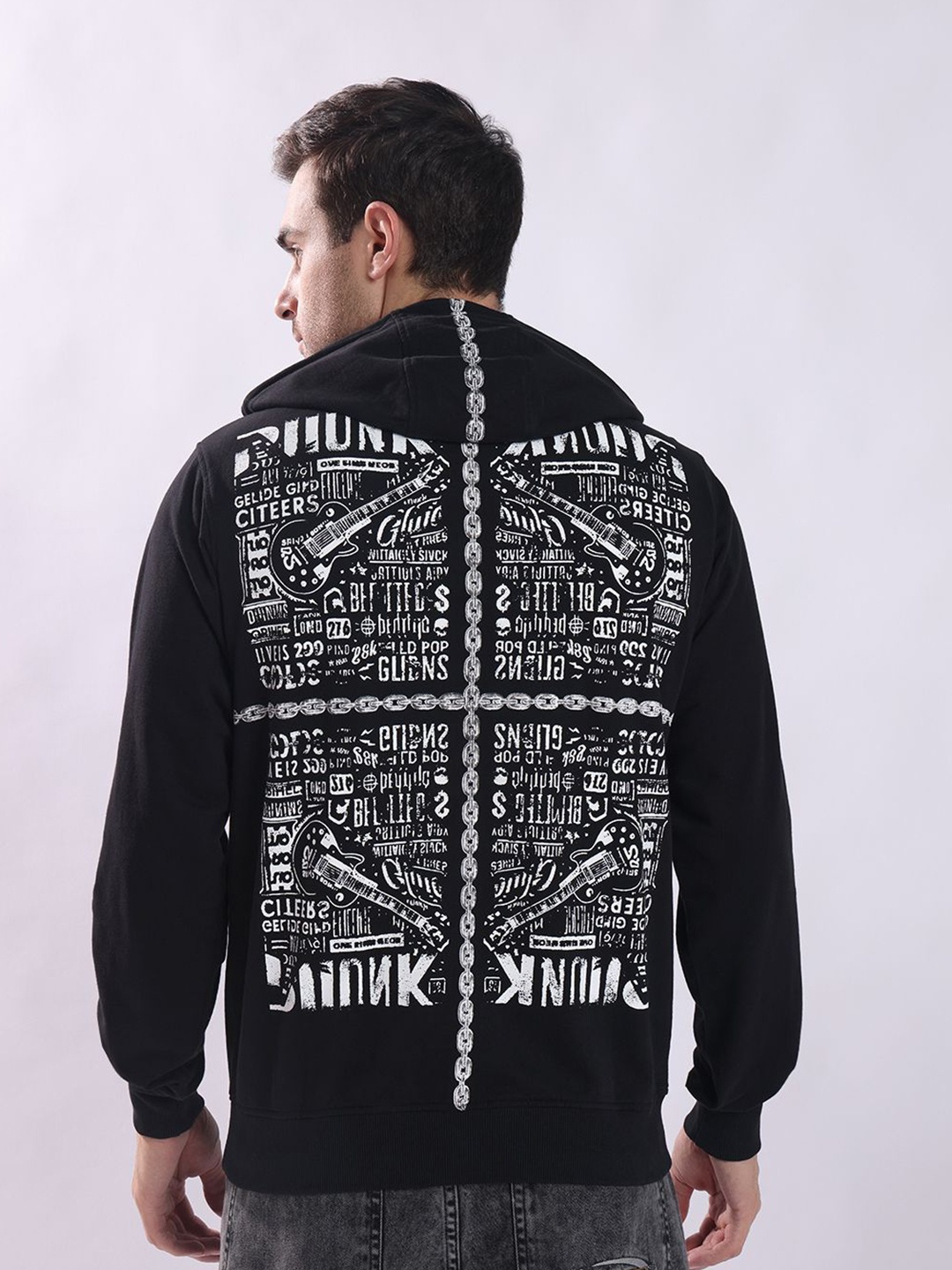 

PUNK Men Graphic Printed Hooded Sweatshirt, Black