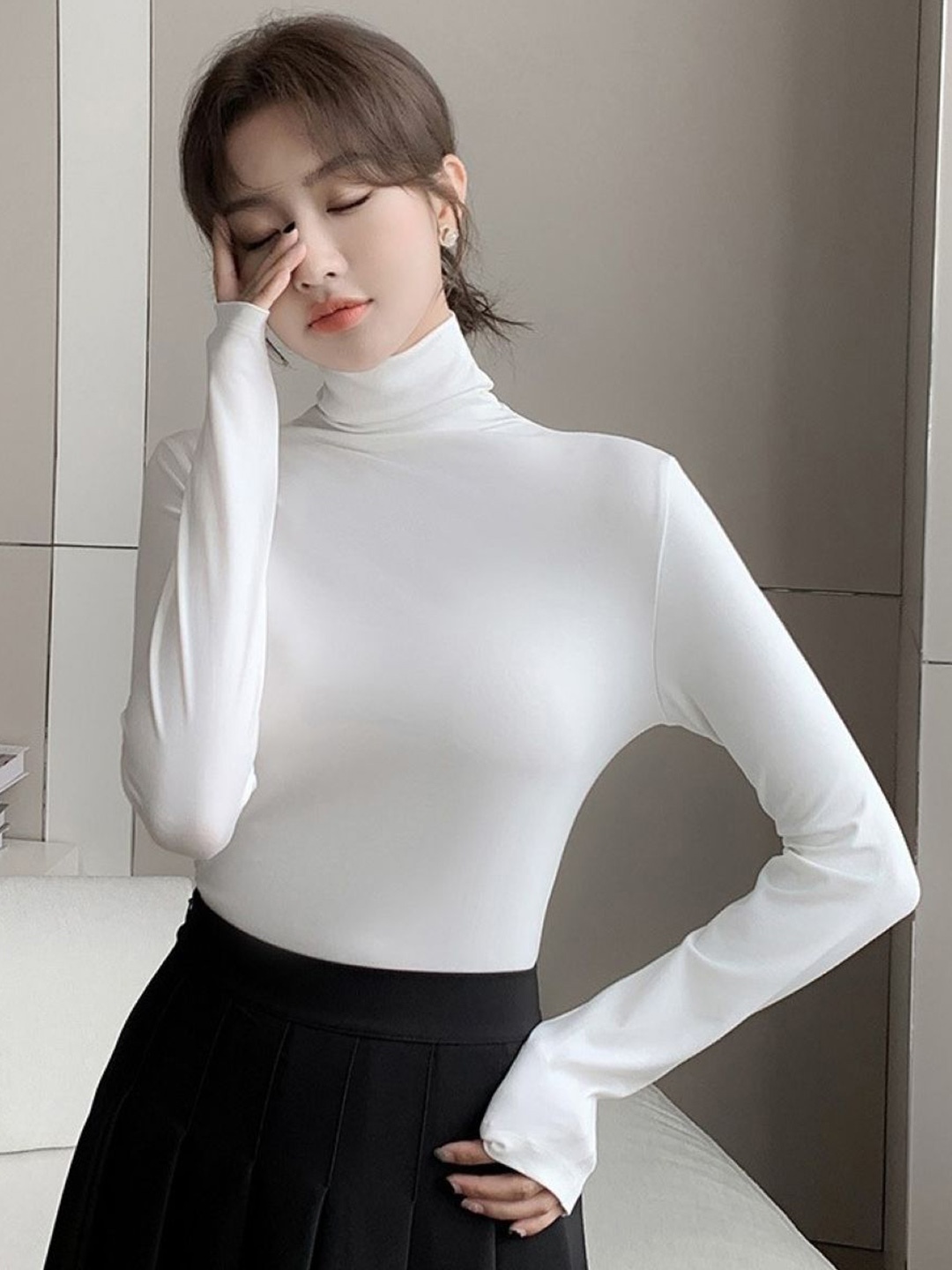 

HERE&NOW Women High Neck Extended Sleeves Top, White