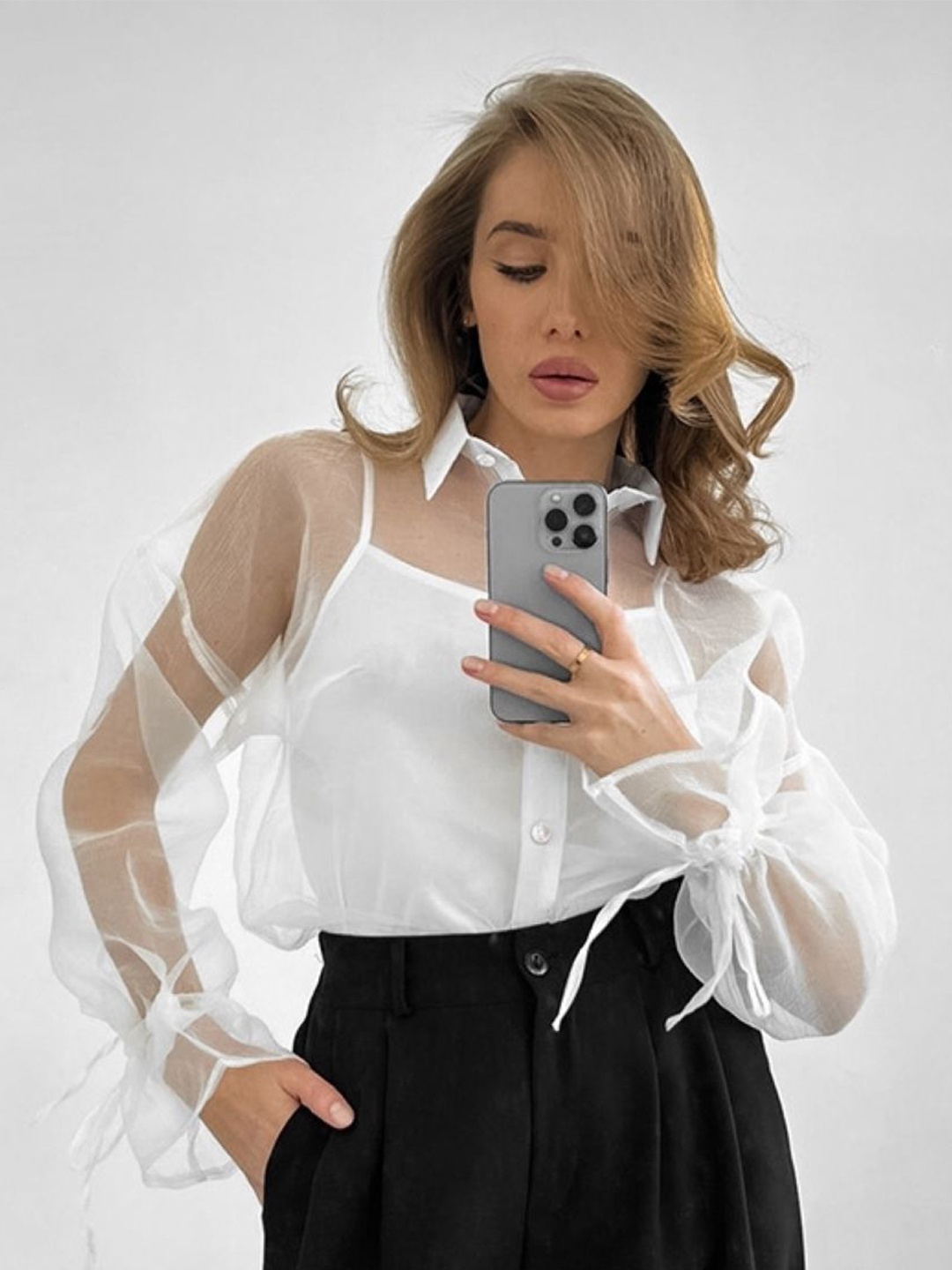 

StyleCast Bell Sleeve Shirt Collar Tie-Ups Long Sleeves Top, White