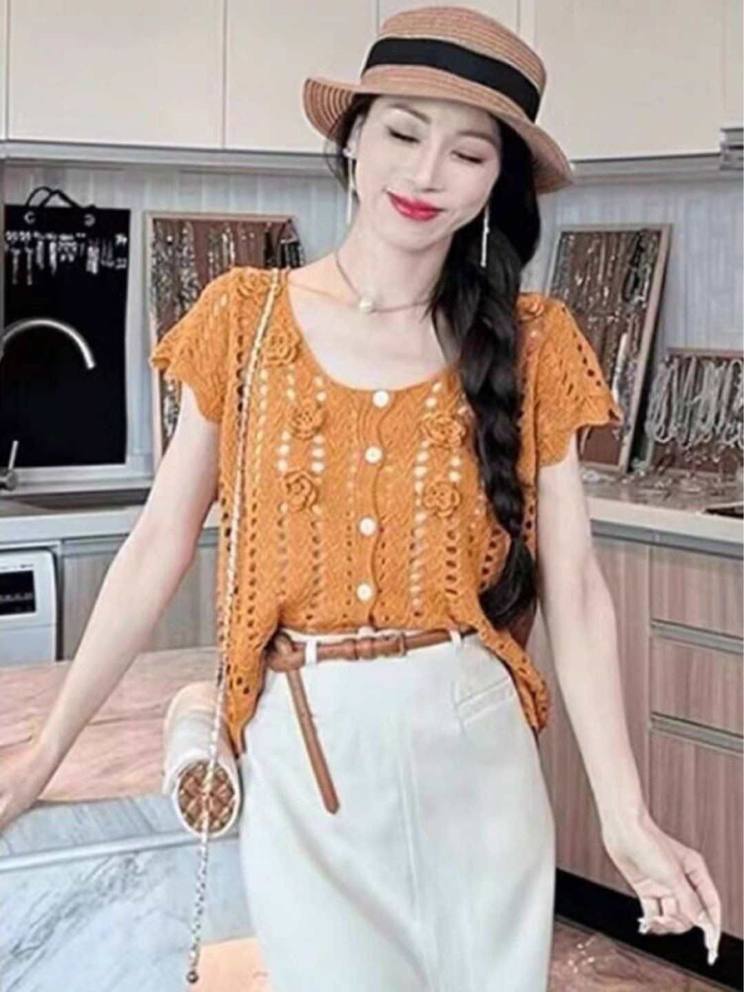 

KPOP Women Acrylic Round Neck Short Sleeves Top, Brown