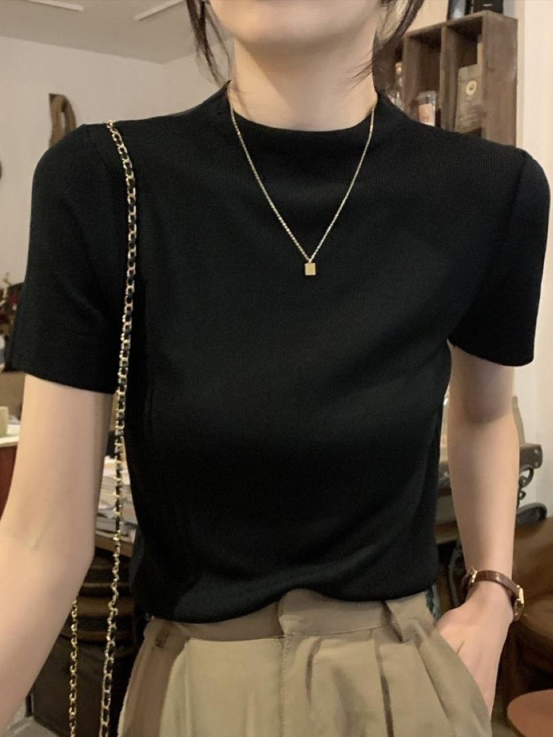 

HERE&NOW Women Round Neck Short Sleeves Top, Black