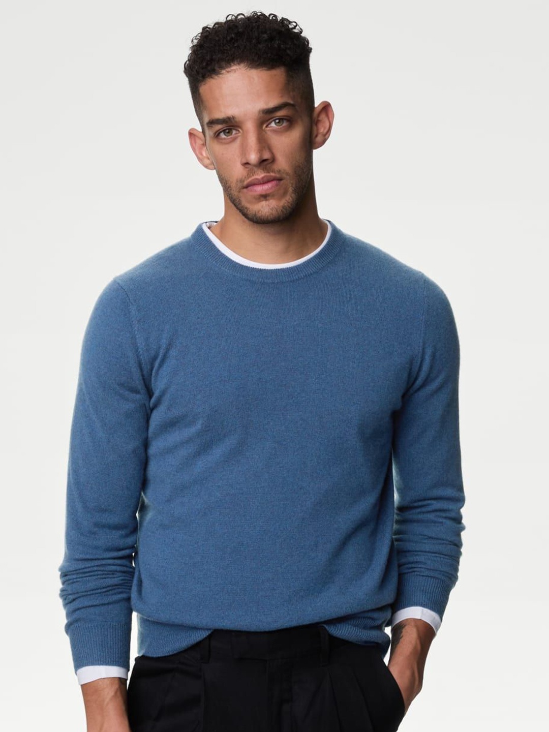 

Marks & Spencer Men Cashmere Round Neck Long Sleeves Pullover Sweaters, Blue