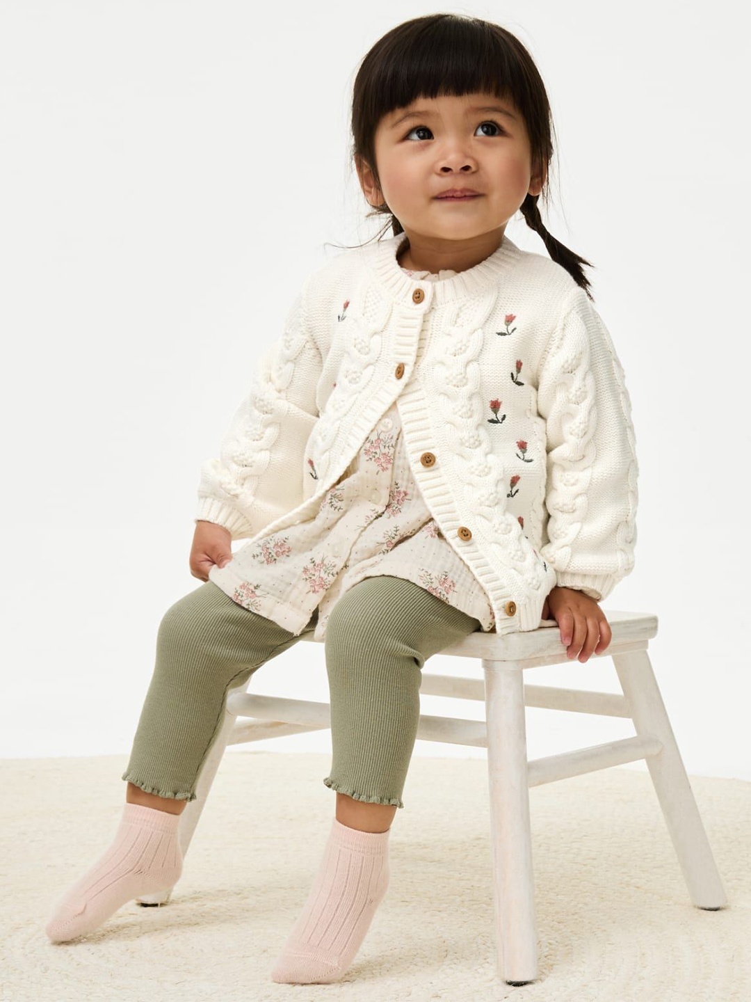 

Marks & Spencer Girls Embroidered Cotton Round Neck Long Sleeves Cardigan Sweater, Cream