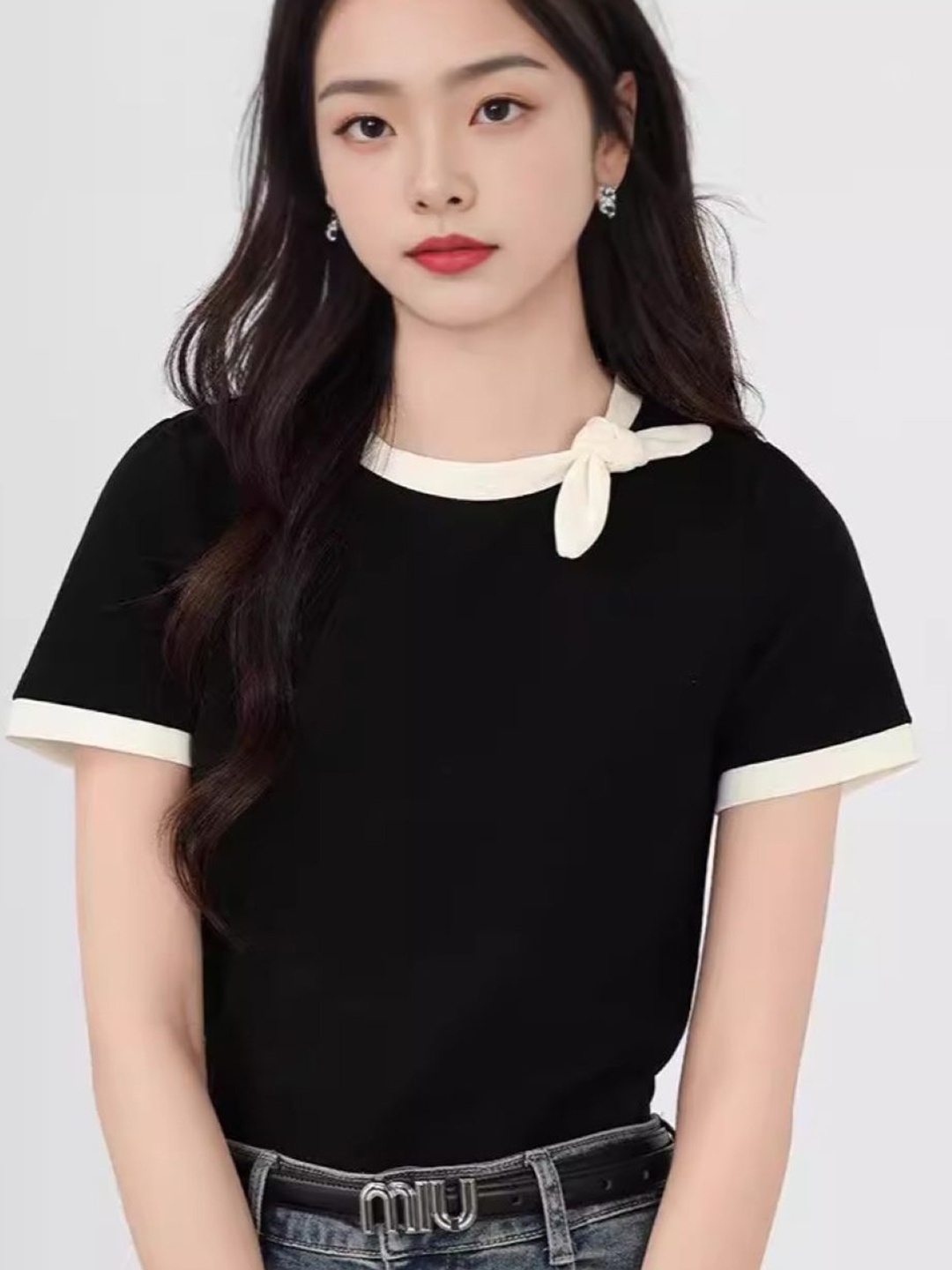 

KPOP Women Round Neck Short Sleeves Top, Black