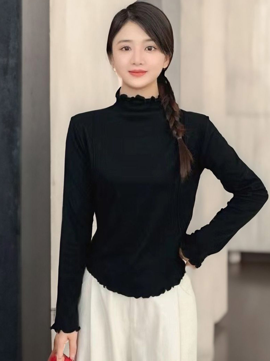 

KPOP Women High Neck Extended Sleeves Top, Black