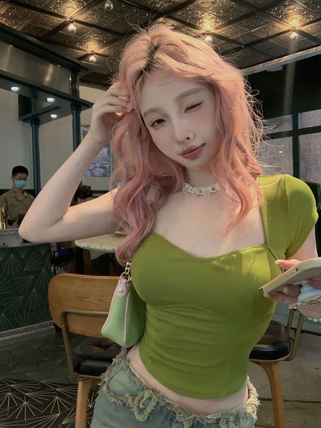 

KPOP Women Sweetheart Neck Crop Top, Green