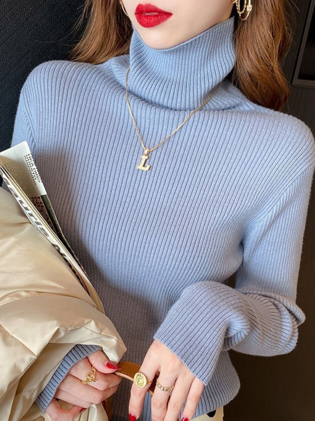 

HERE&NOW Women Mandarin Collar Extended Sleeves Top, Blue