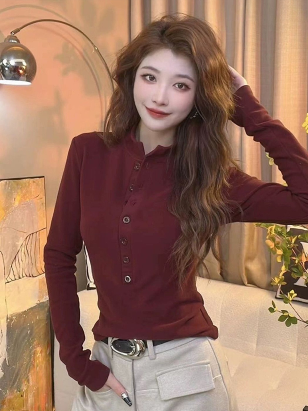 

HERE&NOW Women Mandarin Collar Extended Sleeves Top, Burgundy