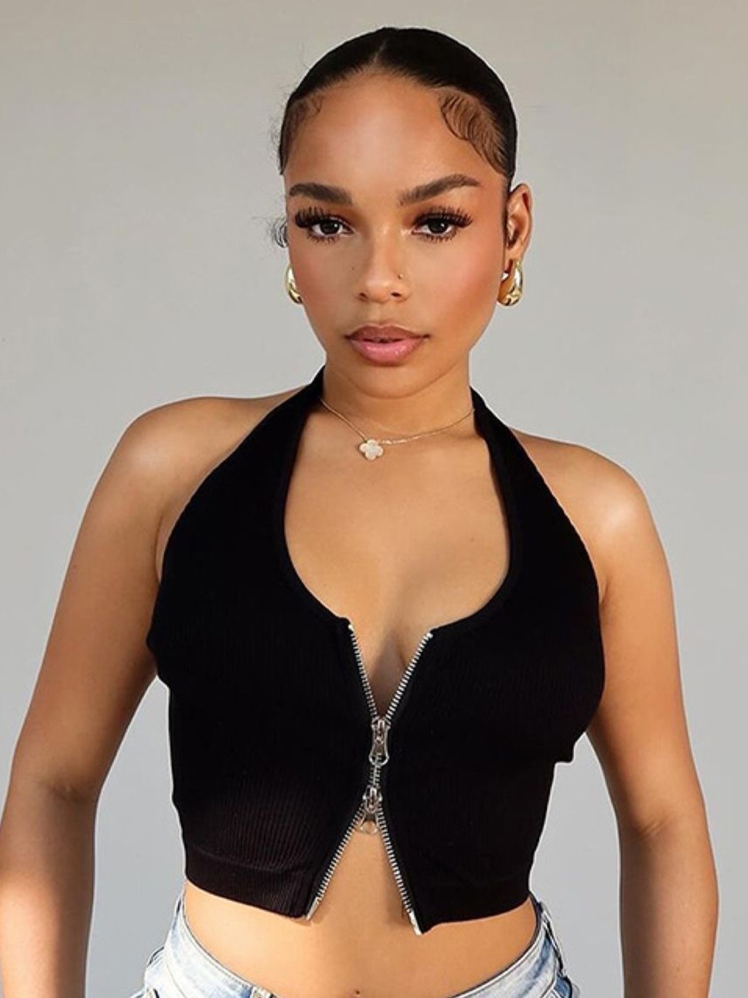 

KPOP Women Halter Neck Sleeveless Crop Top, Black