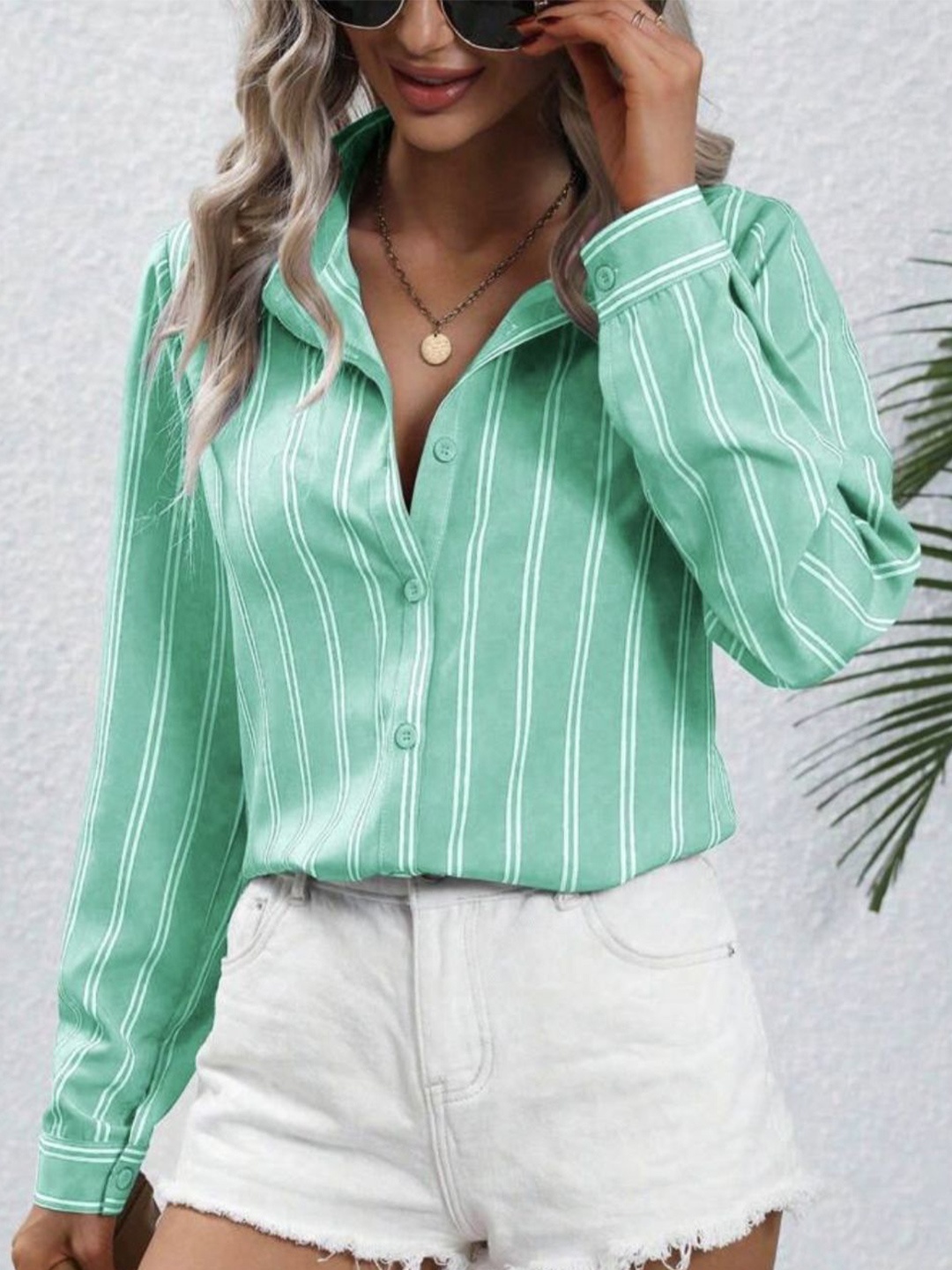 

StyleCast Women Striped Spread Collar Striped Shirt, Green