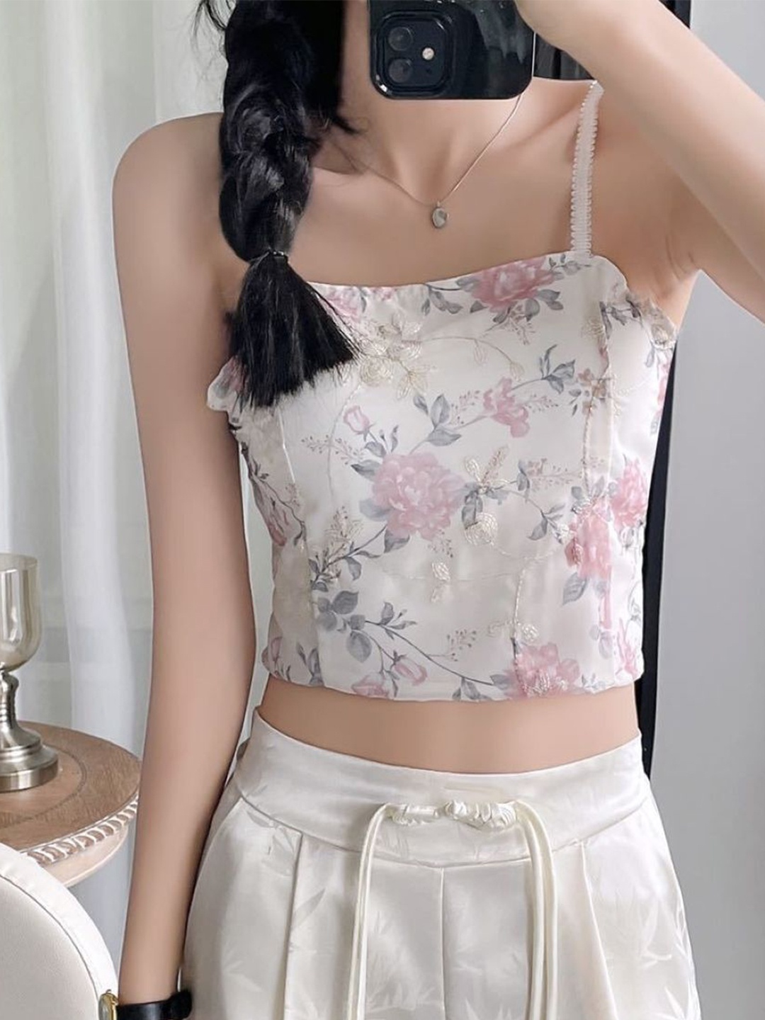 

KPOP Women Floral Printed Shoulder Straps Crop Top, Pink