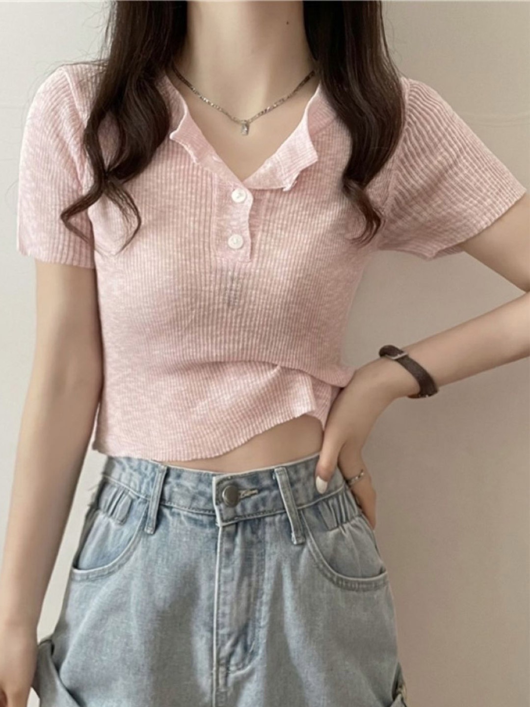 

HERE&NOW Women Striped Shirt Collar Short Sleeves Top, Pink