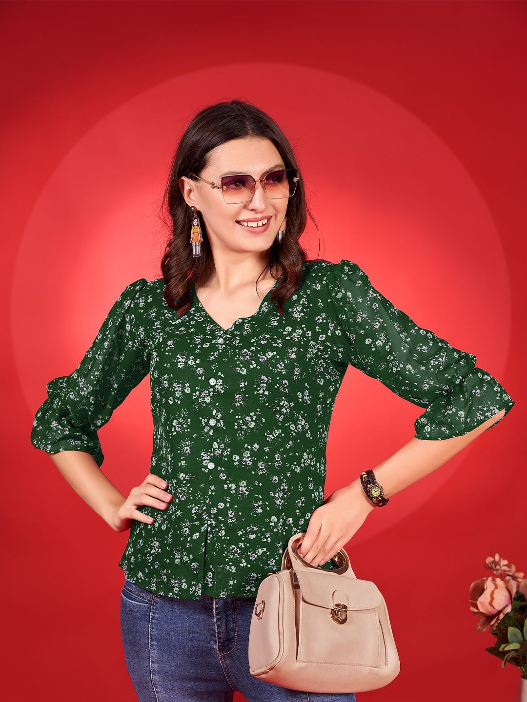 

Fashion2wear Women V-Neck Floral Printed Top, Green