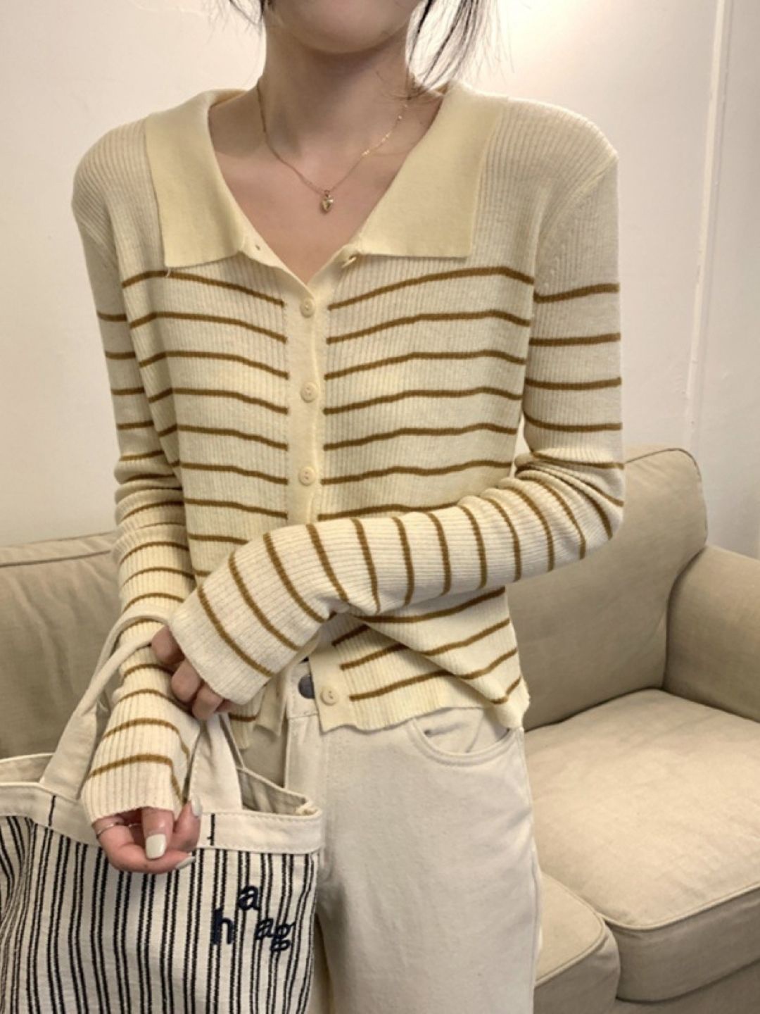 

HERE&NOW Women Striped Extended Sleeves Top, White