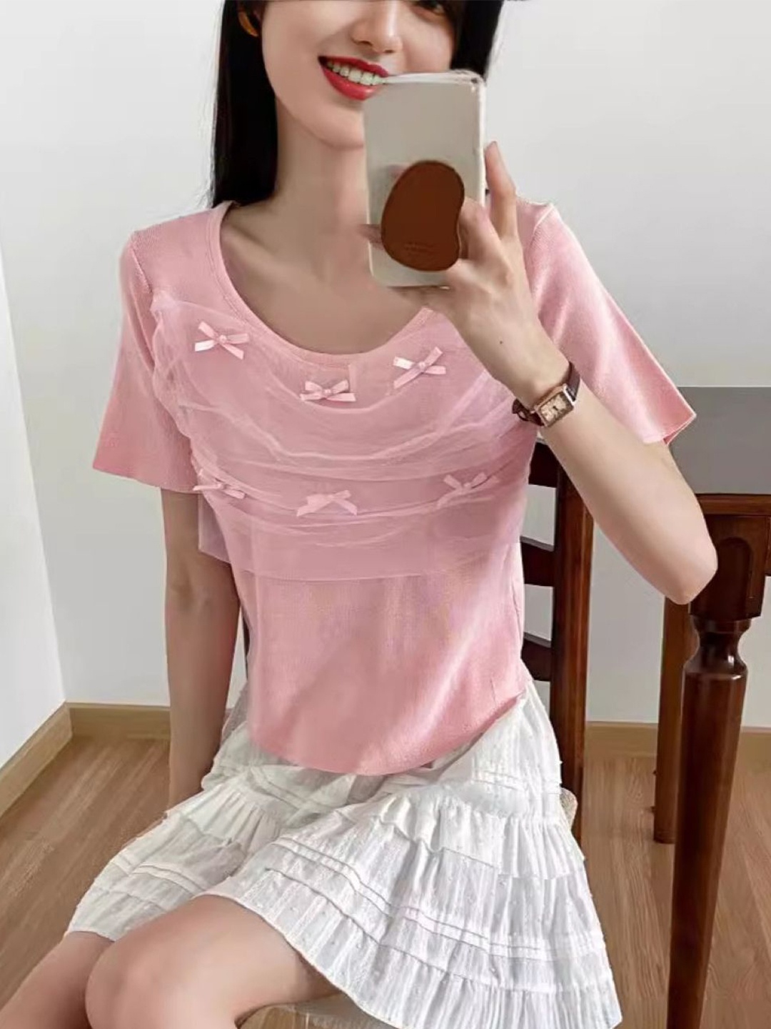 

KPOP Women Round Neck Short Sleeves Top, Pink