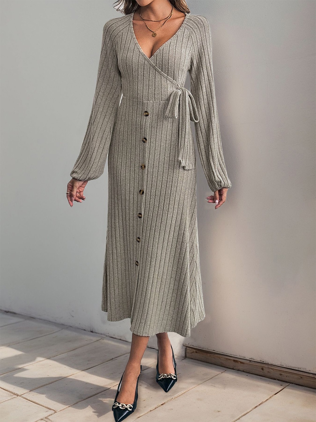

StyleCast Women Striped V-Neck Puff Sleeves Wrap Dress, Grey