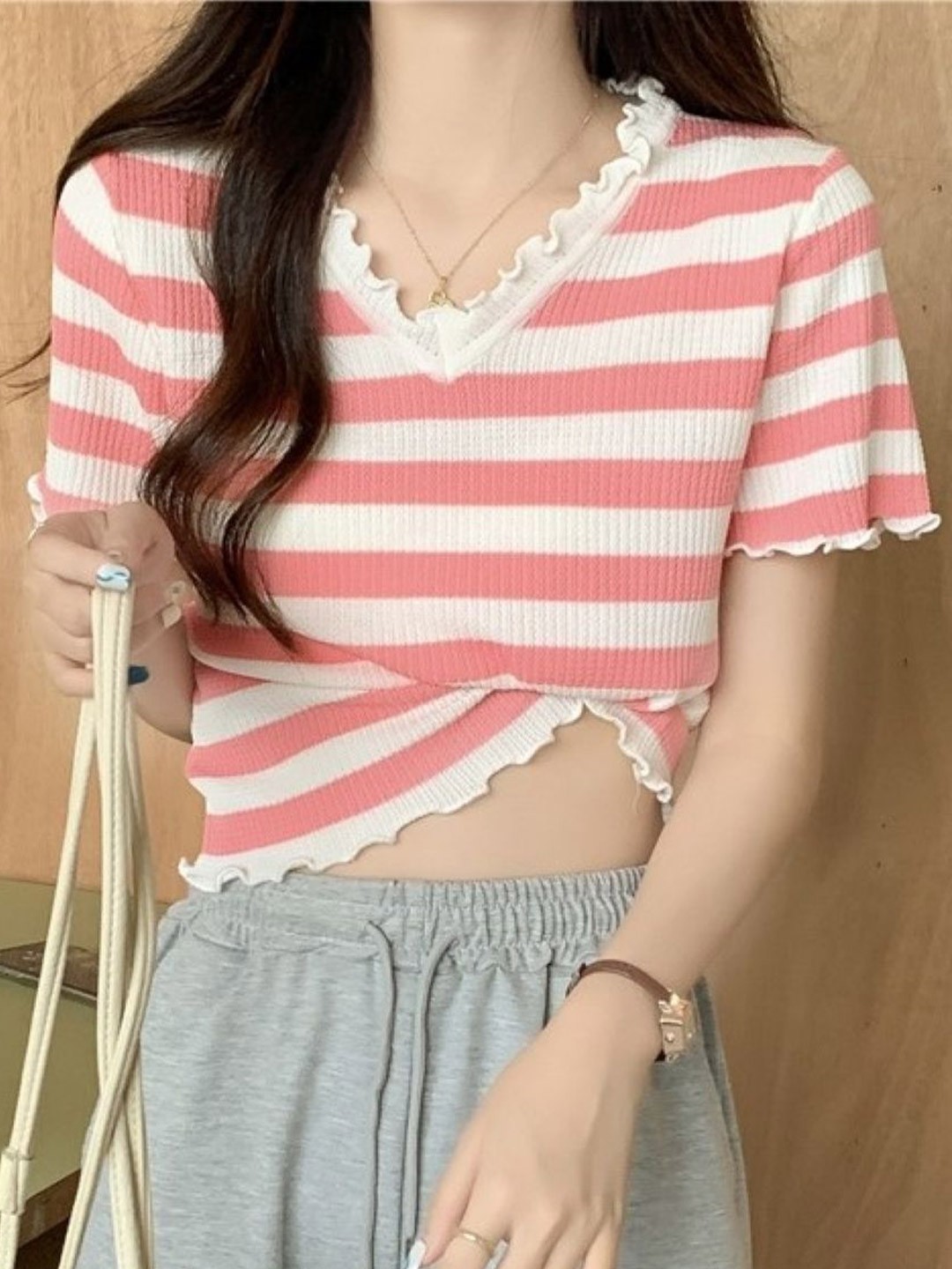 

HERE&NOW Women Striped V-Neck Top, Pink