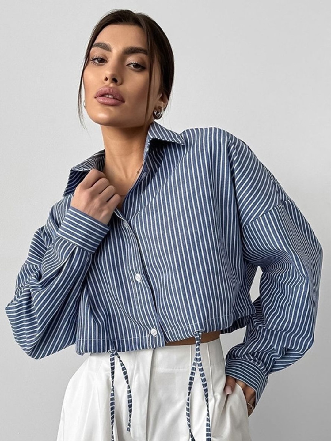

StyleCast Women Striped Shirt Style Crop Top, Blue