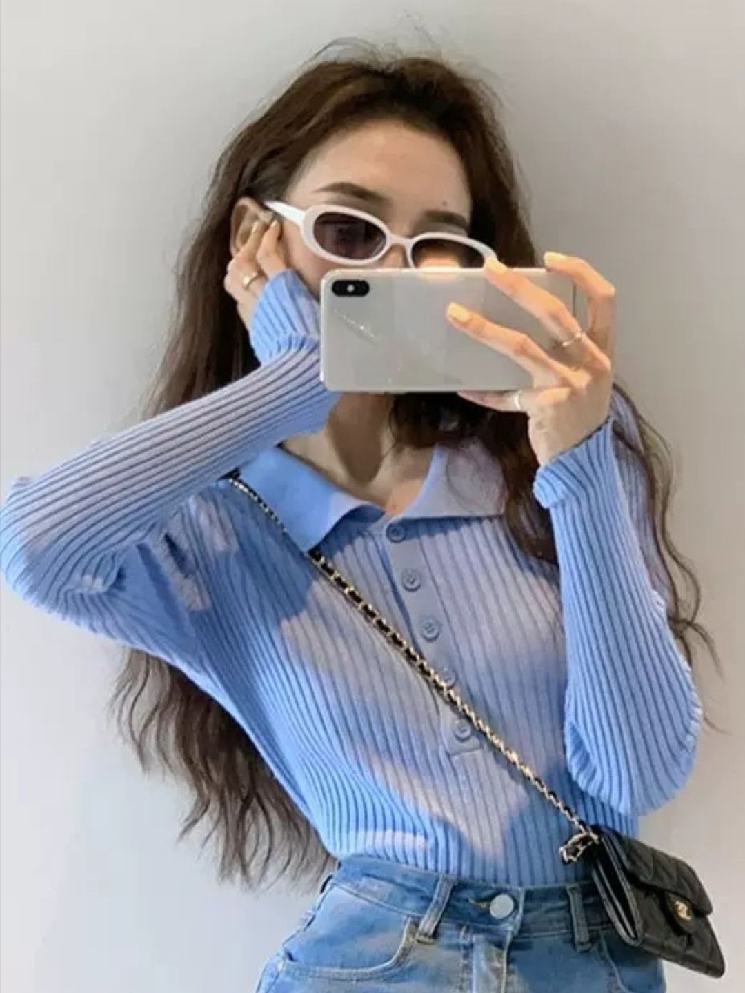 

HERE&NOW Women Shirt Collar Extended Sleeves Top, Blue