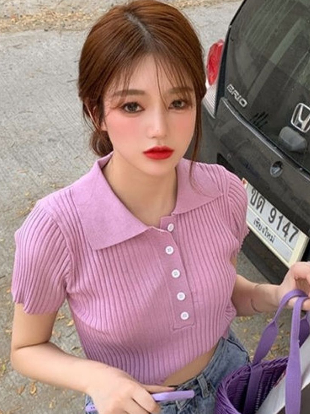 

HERE&NOW Women Striped Shirt Collar Short Sleeves Top, Purple