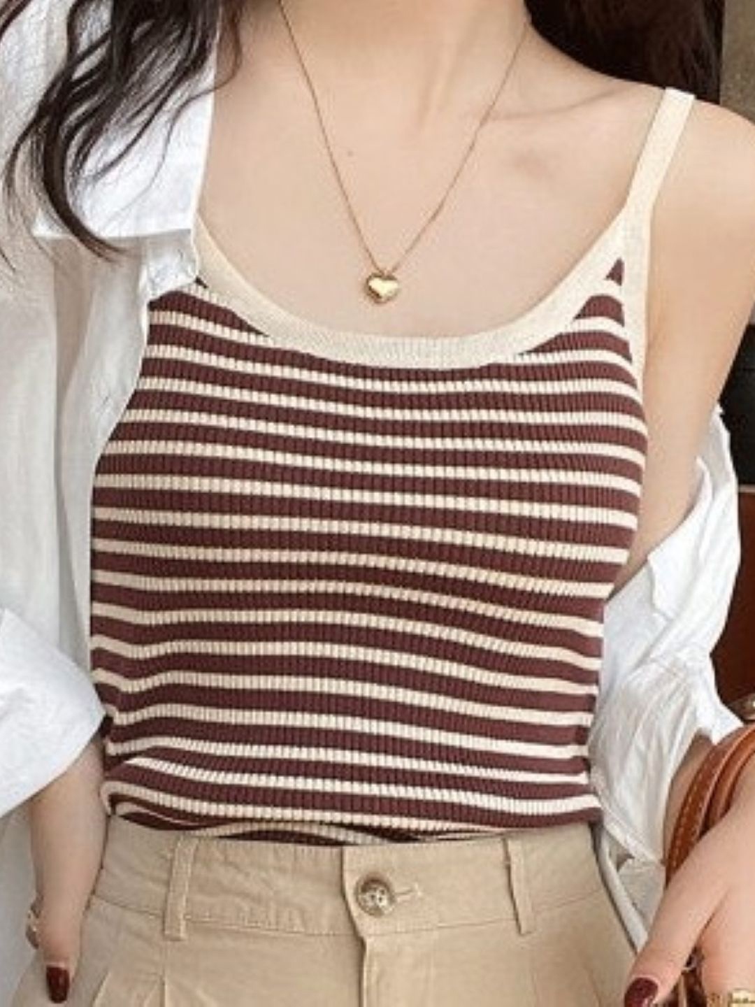 

HERE&NOW Women Striped Sleeveless Top, Brown