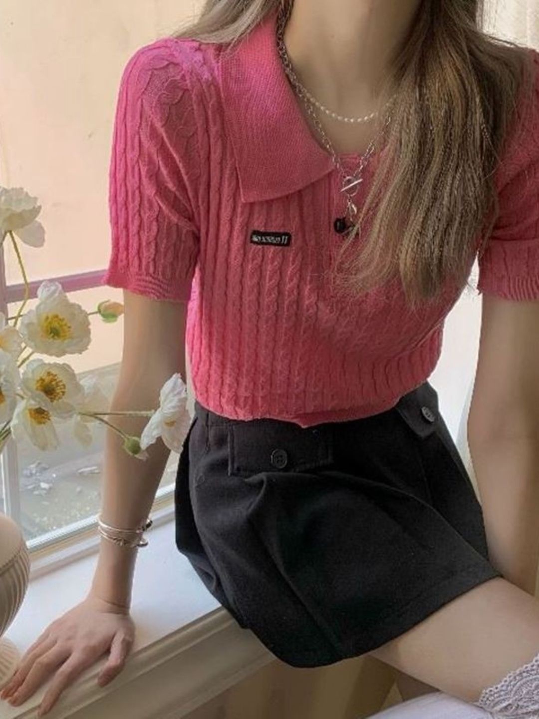 

HERE&NOW Women Shirt Collar Self Design Short Sleeves Top, Pink