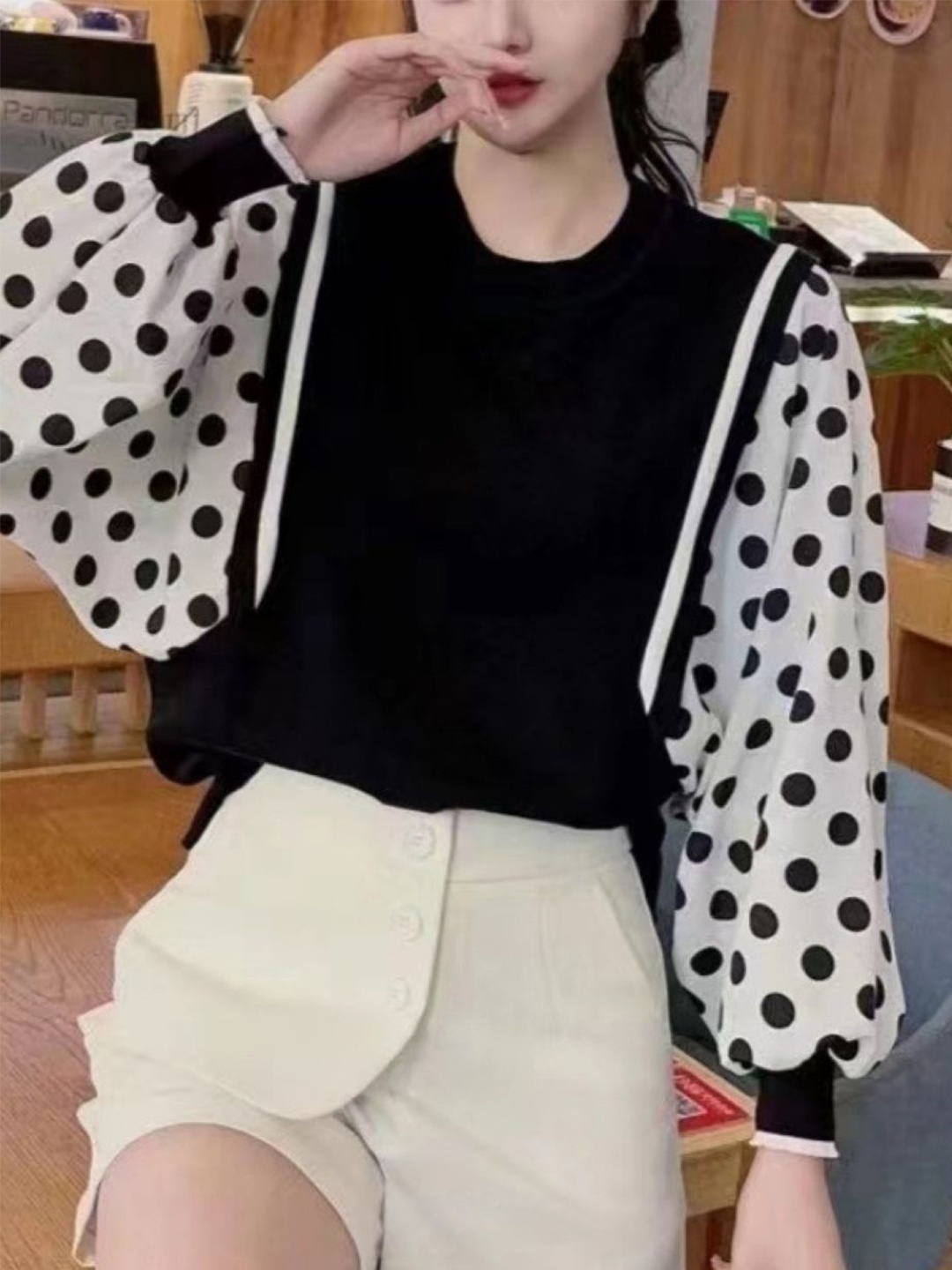 

KPOP Polka Dot Printed Puff Sleeve Cotton Top, Black