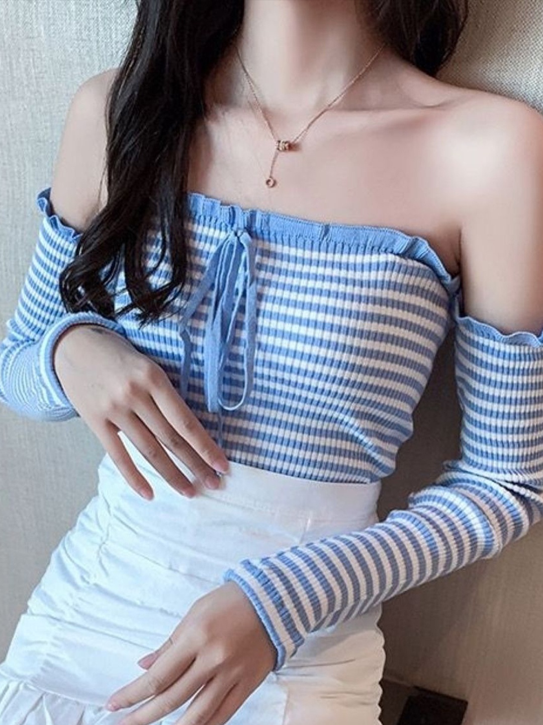 

KPOP Women Striped Off-Shoulder Top, Blue