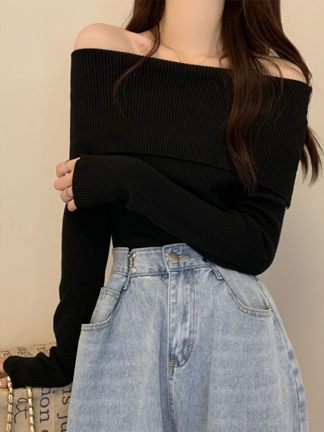 

HERE&NOW Women Off-Shoulder Extended Sleeves Cotton Top, Black