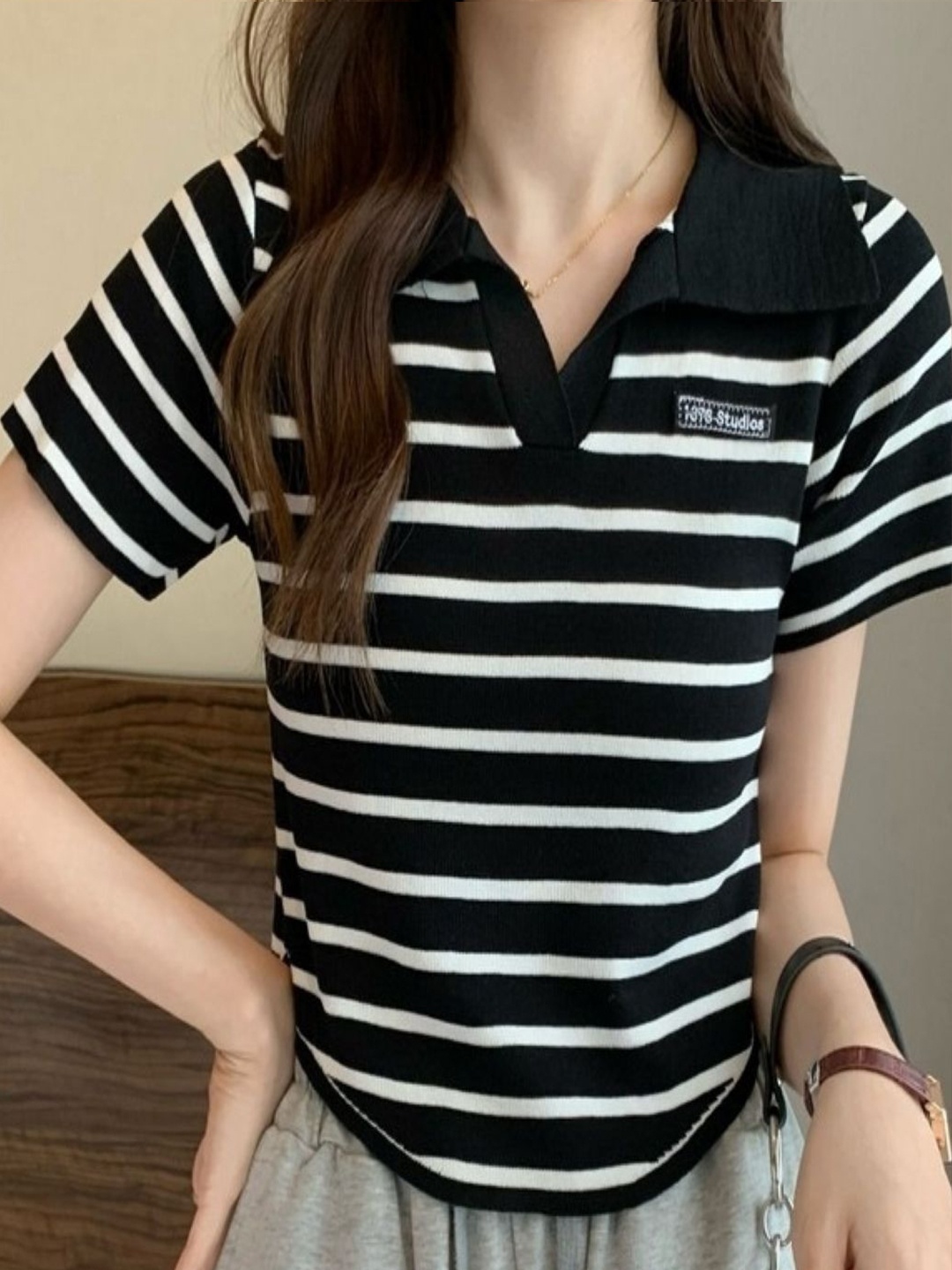 

KPOP Women Horizontal Striped Shirt Collar Short Sleeves Top, Black