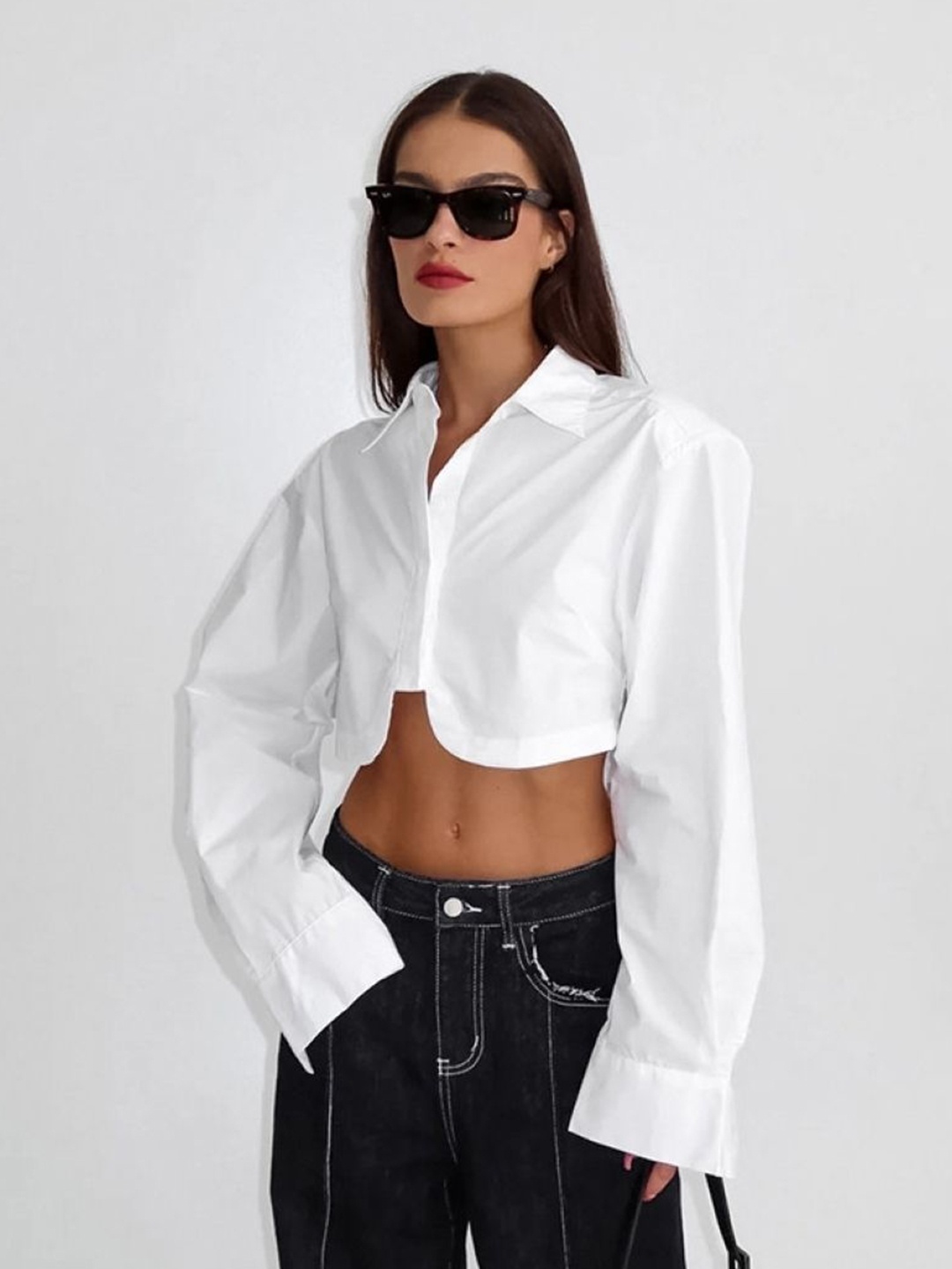 

StyleCast Women Shirt Collar Long Sleeves Pure Cotton Shirt Style Crop Top, White