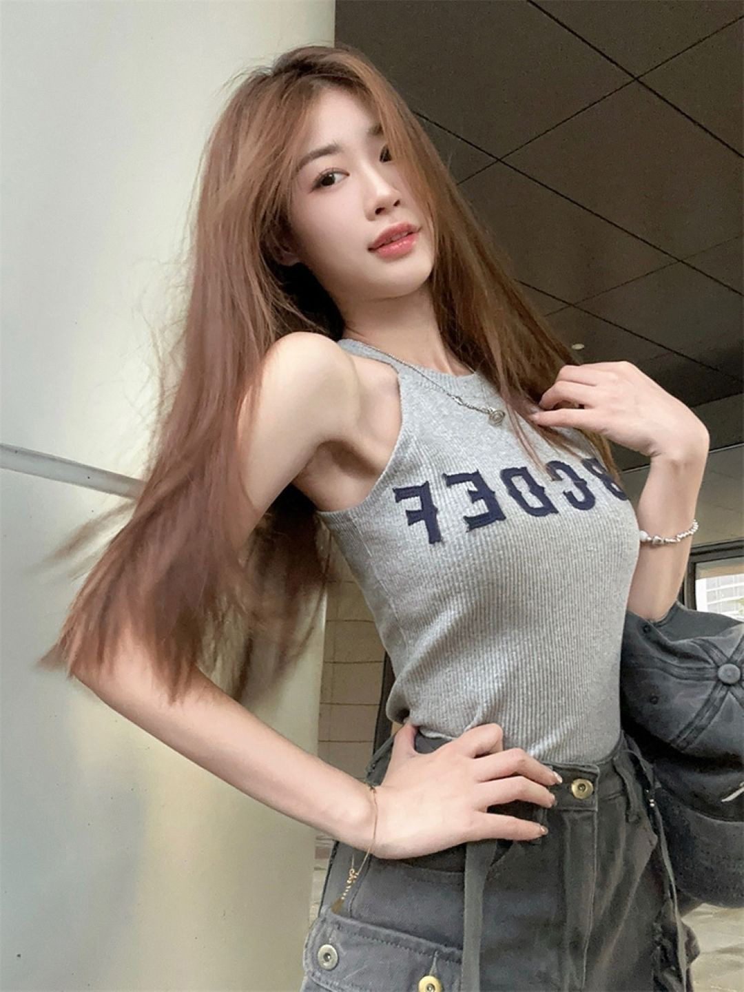 

KPOP Typography Printed Crop Top, Grey