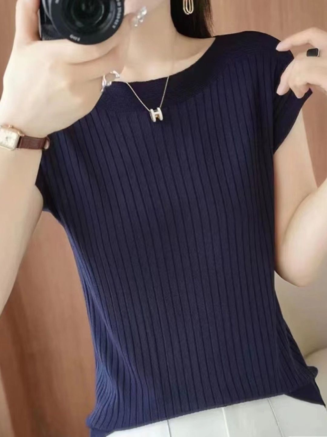 

KPOP Women Boat Neck Regular Top, Navy blue