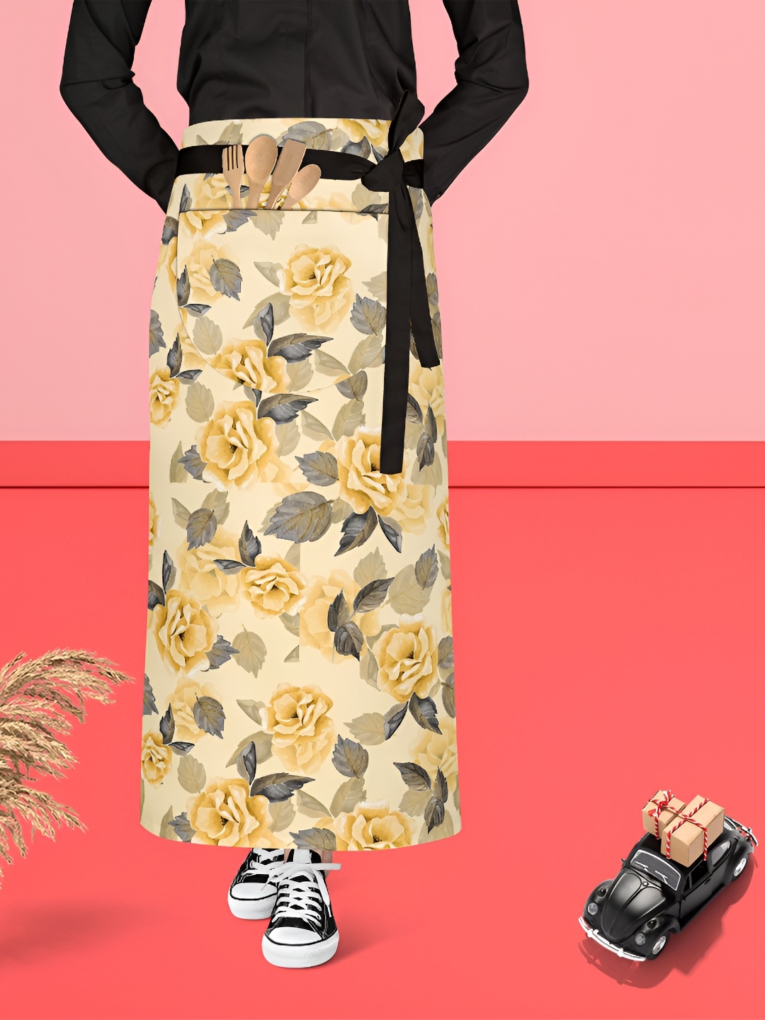 

ArtzFolio Yellow & Grey Printed Pure Cotton Waist Apron