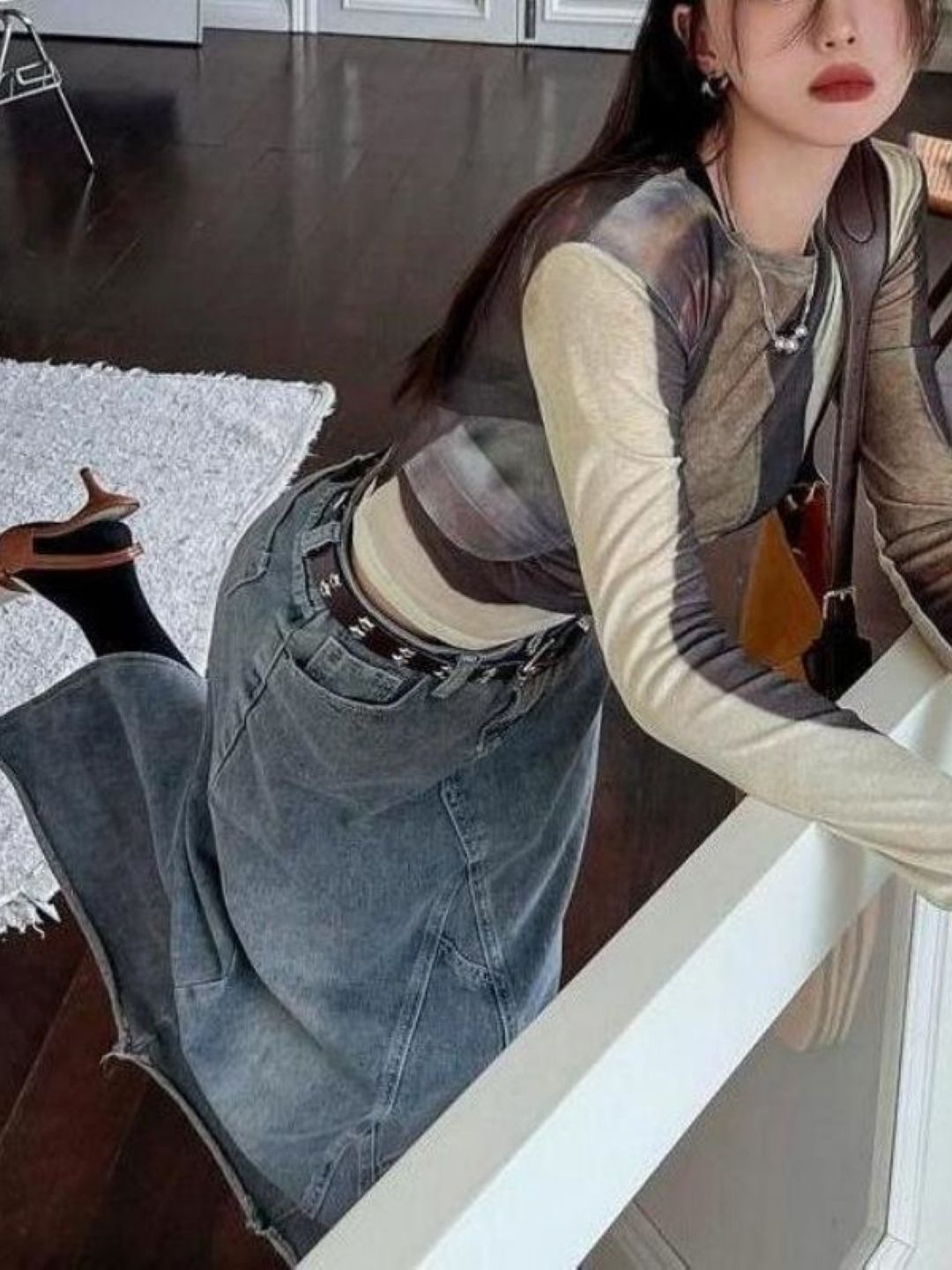 

HERE&NOW Women Abstract Printed Round Neck Long Extended Sleeves Top, Brown
