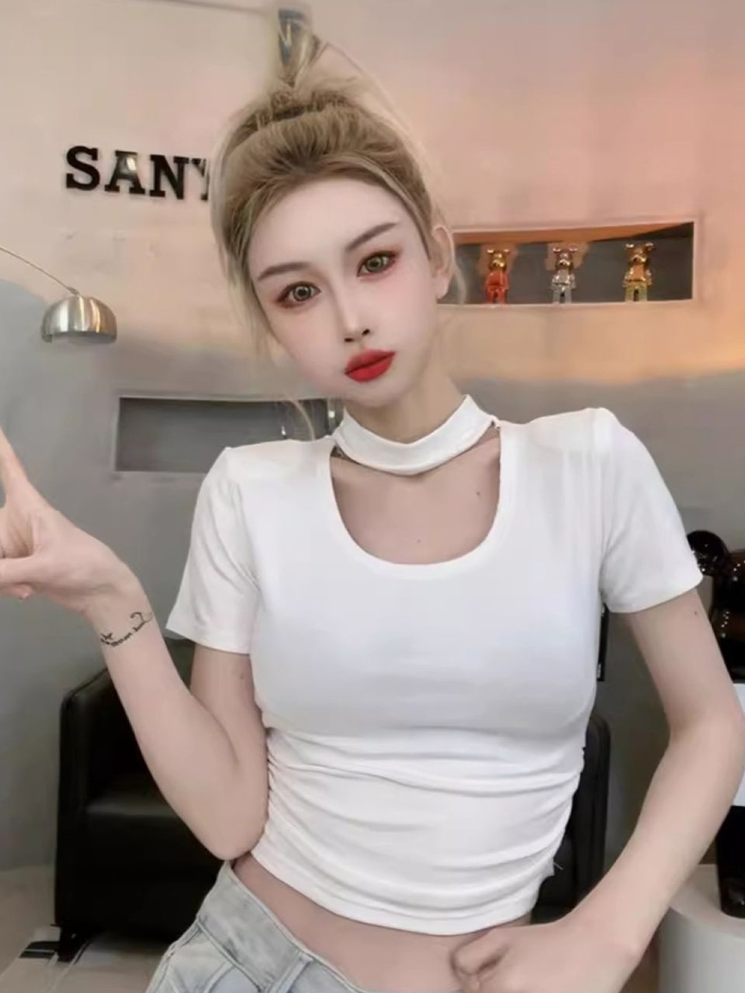 

HERE&NOW Women Round Neck Crop Fitted Top, White