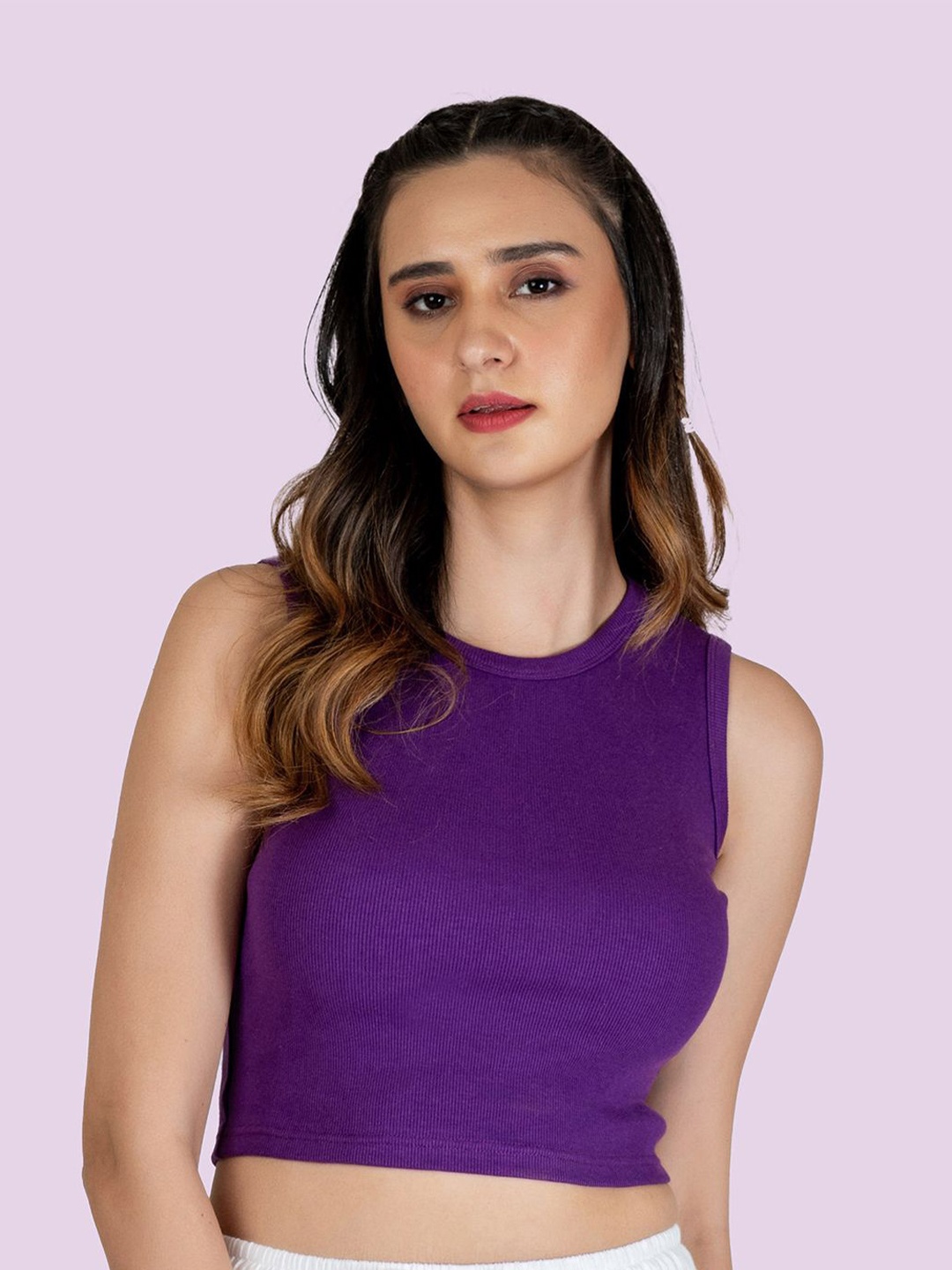 

Nite Flite Women Cotton Round Neck Sleeveless Crop Top, Purple