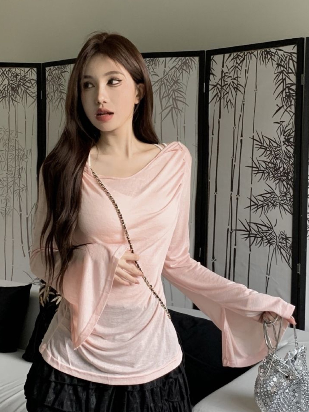 

HERE&NOW Women Boat Neck Bell Sleeve Top, Pink