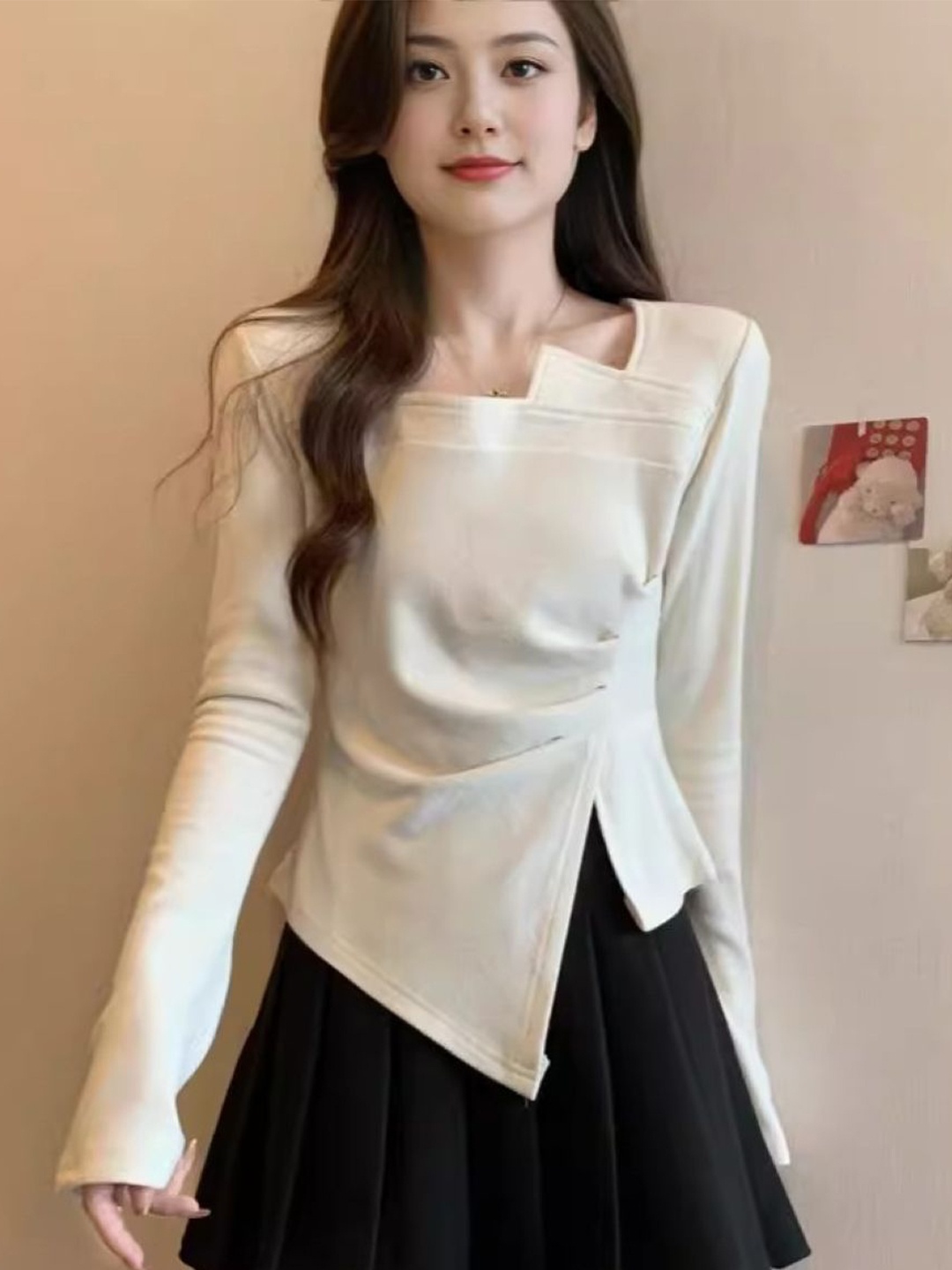 

HERE&NOW Women Square Neck Extended Sleeves Top, Cream