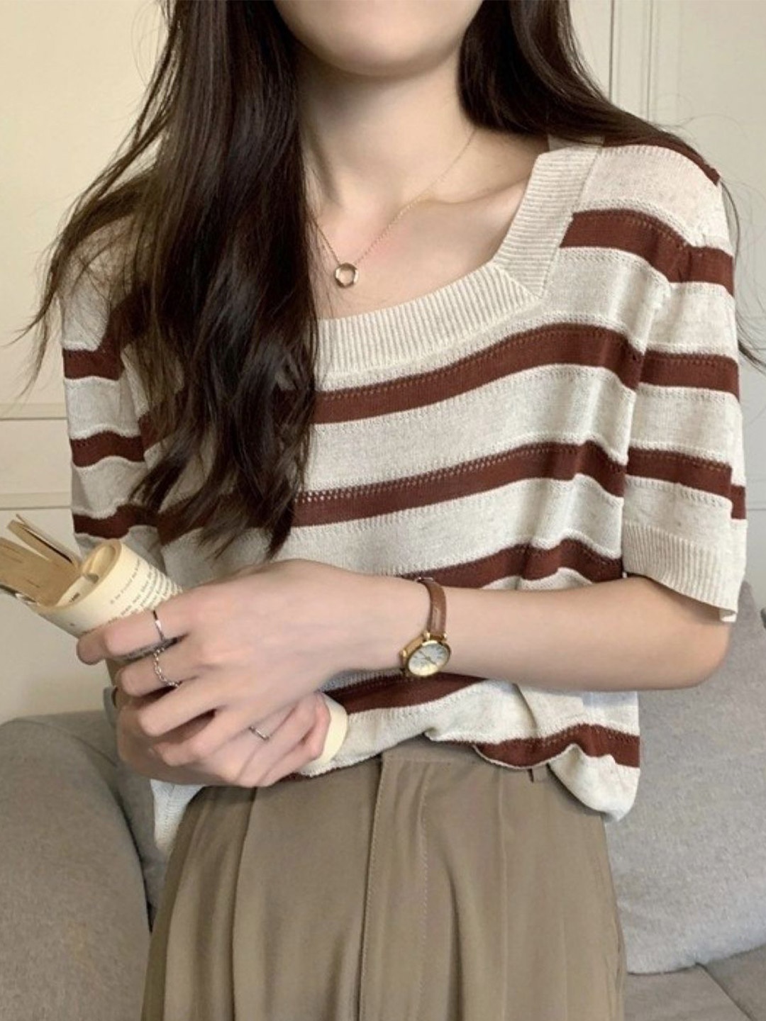 

HERE&NOW Women Round Neck Short Sleeves Horizontal Striped Top, Brown