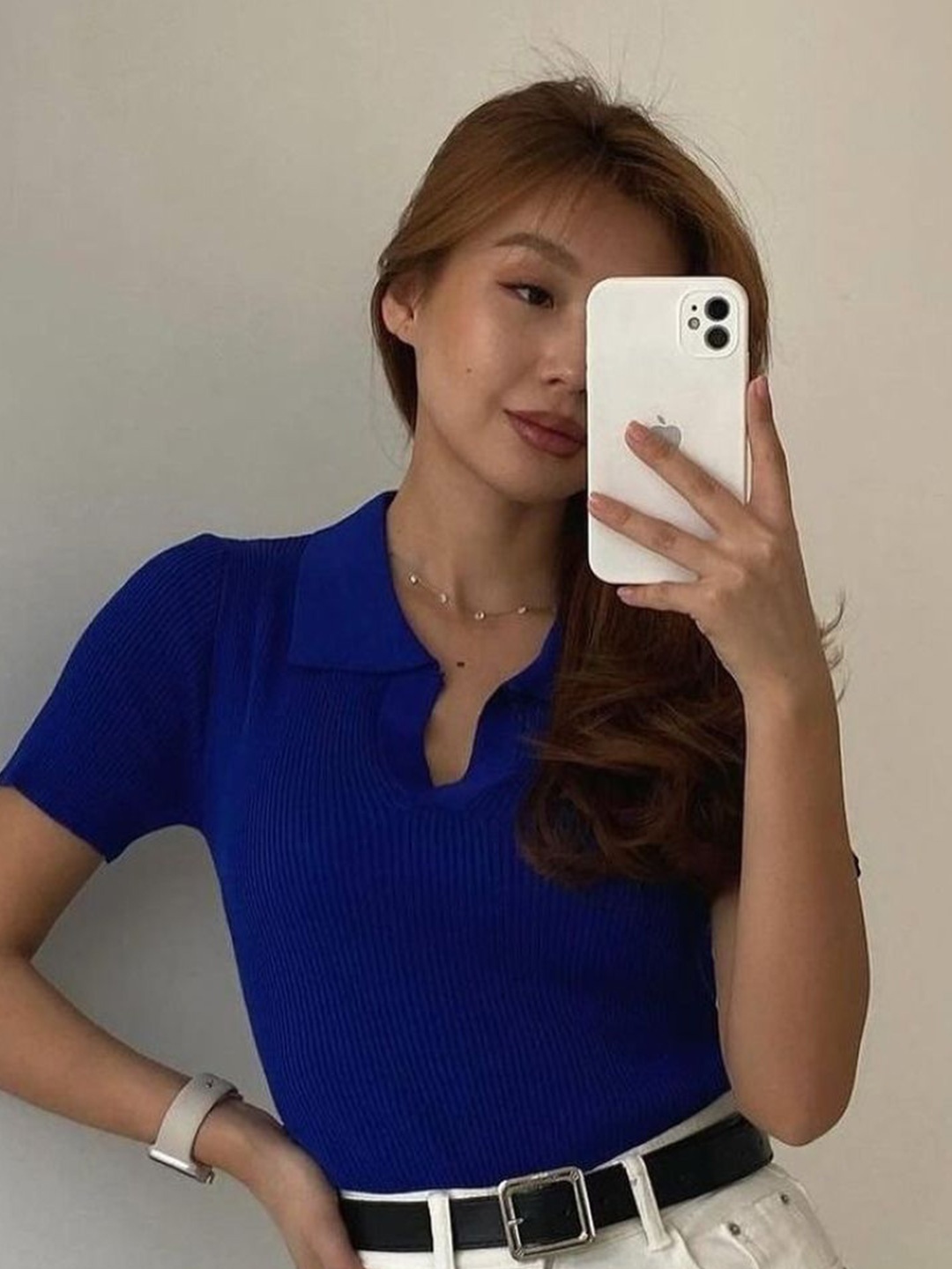 

HERE&NOW Shirt Collar Short Sleeves Top, Navy blue
