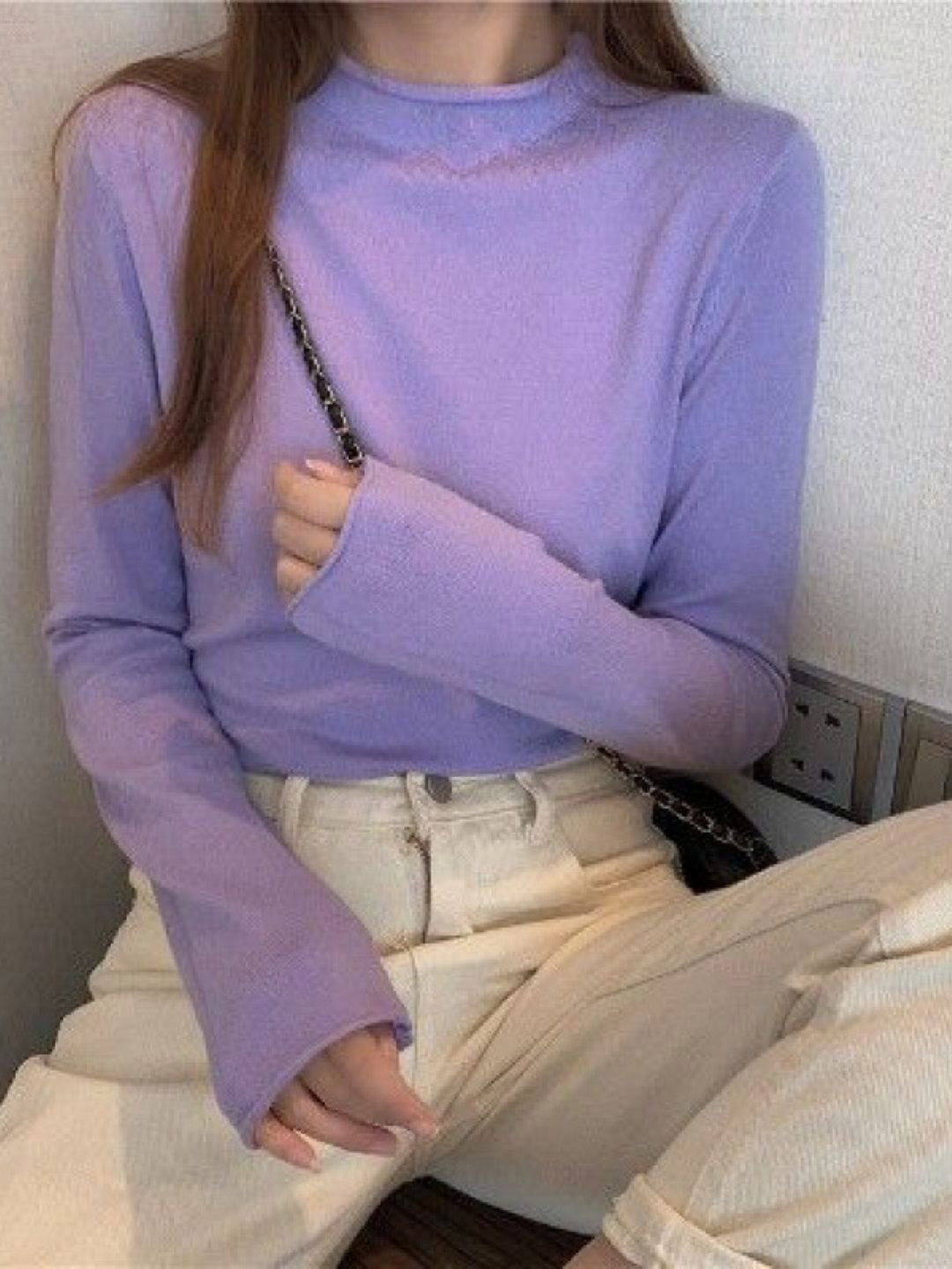 

HERE&NOW Women Round Neck Long Sleeves Top, Purple