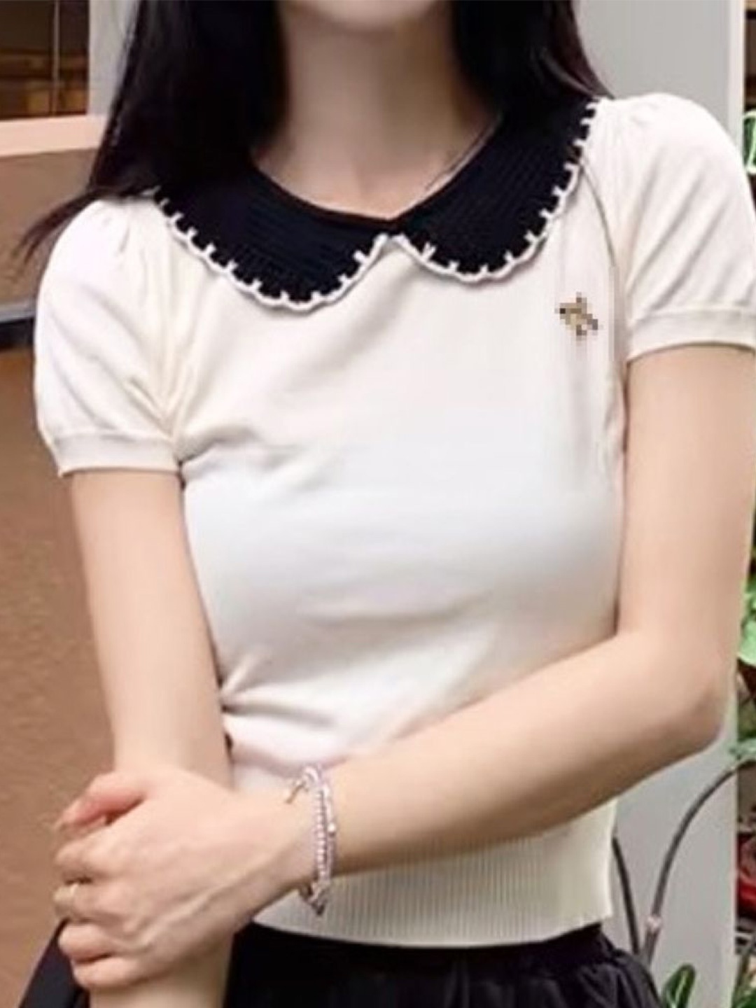 

KPOP Women Peter Pan Collar Top, White